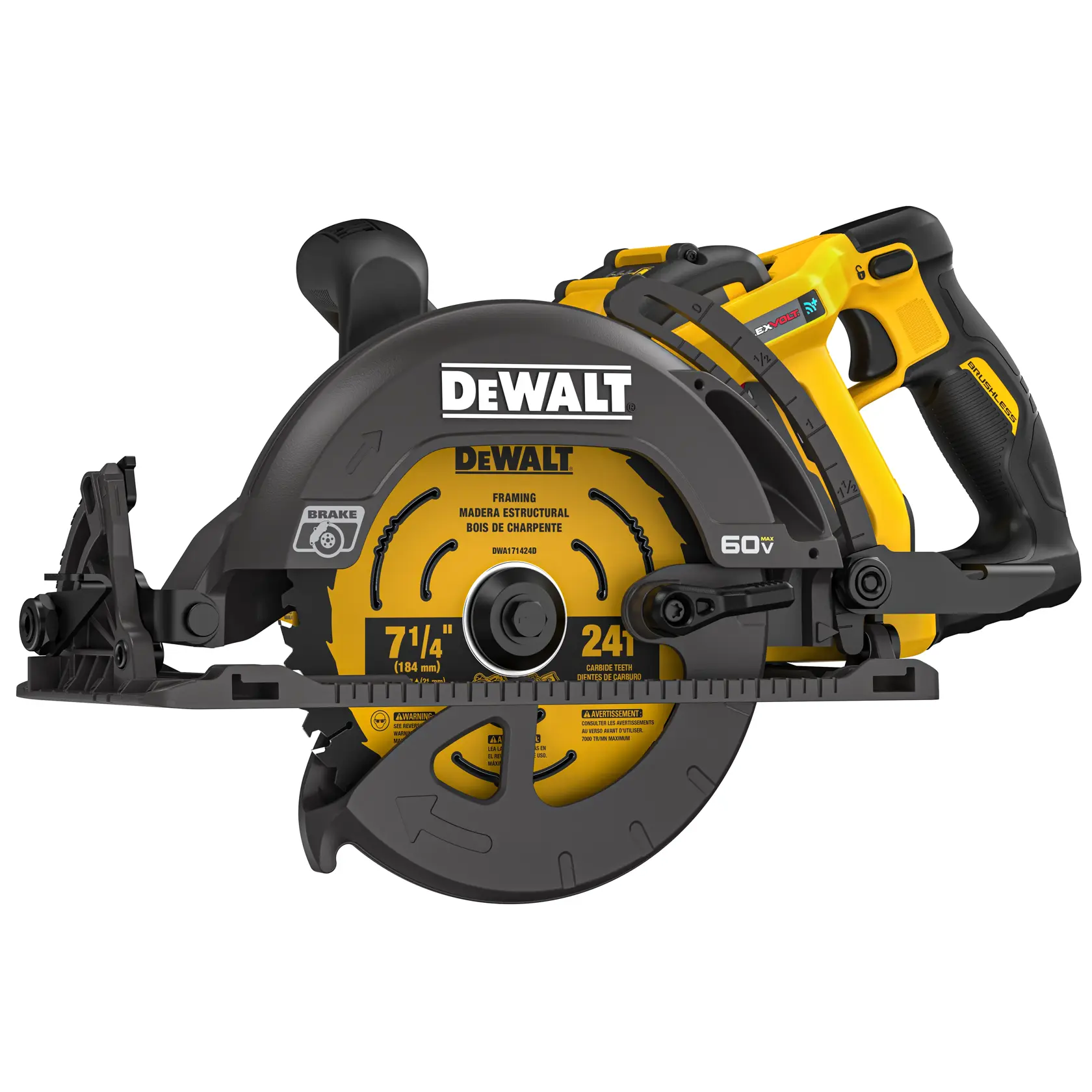 A DEWALT 60V cordless circular saw, featuring a yellow and black design with a visible blade marked for framing and structural wood cutting. The saw has a sturdy handle, precision adjustment features, and branding on the blade guard.