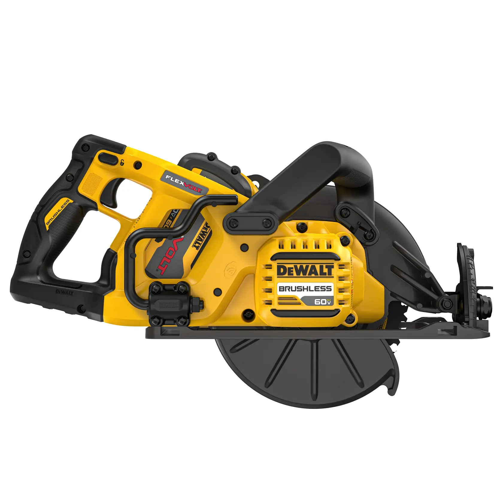 A DEWALT DCS587X1 60V brushless cordless circular saw designed for heavy-duty cutting tasks, featuring a yellow and black ergonomic handle and robust build.