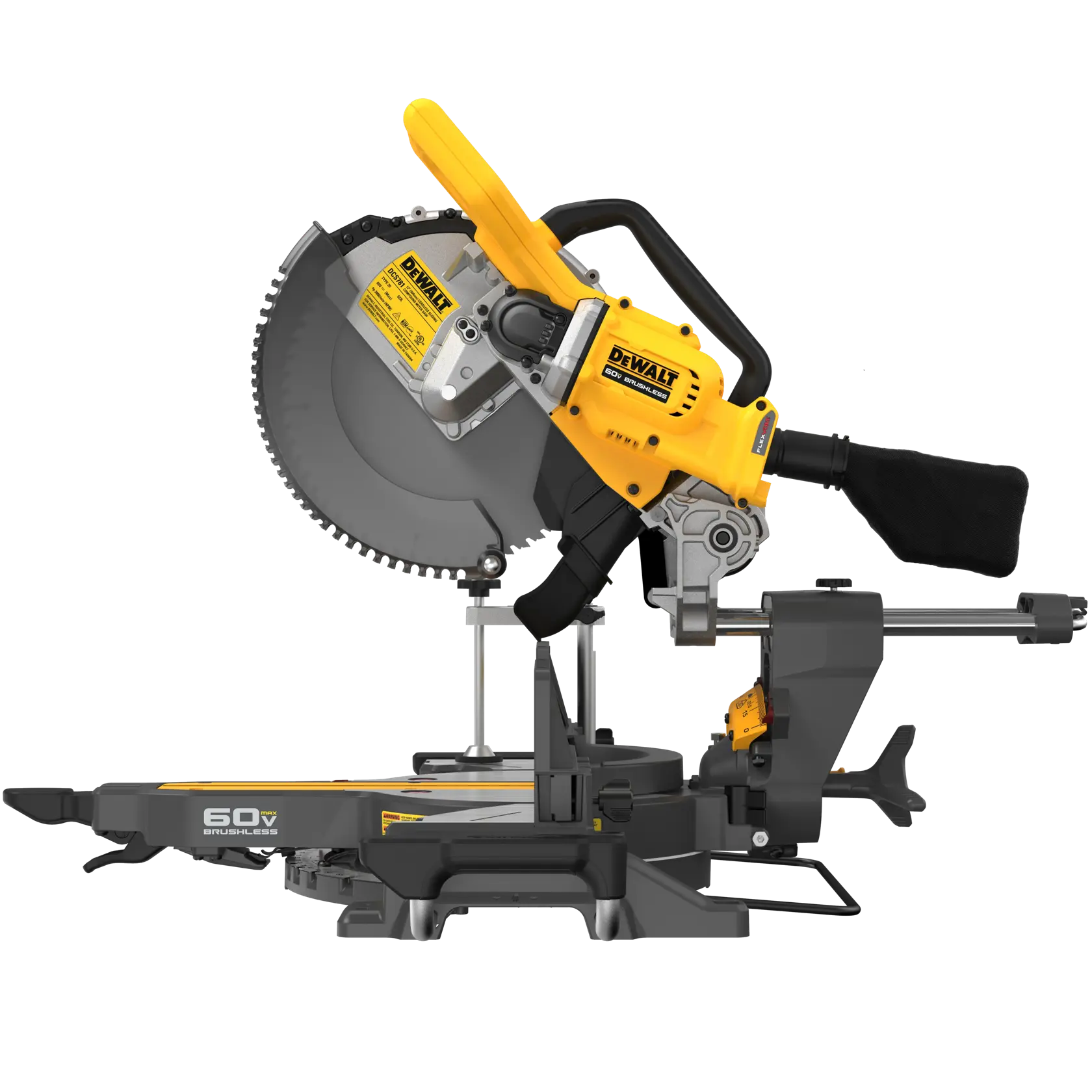 A DEWALT cordless miter saw with a yellow and black design, featuring a large circular blade and a sliding base for precise cutting. The tool has a handle, dust bag, and safety labels visible on the body.