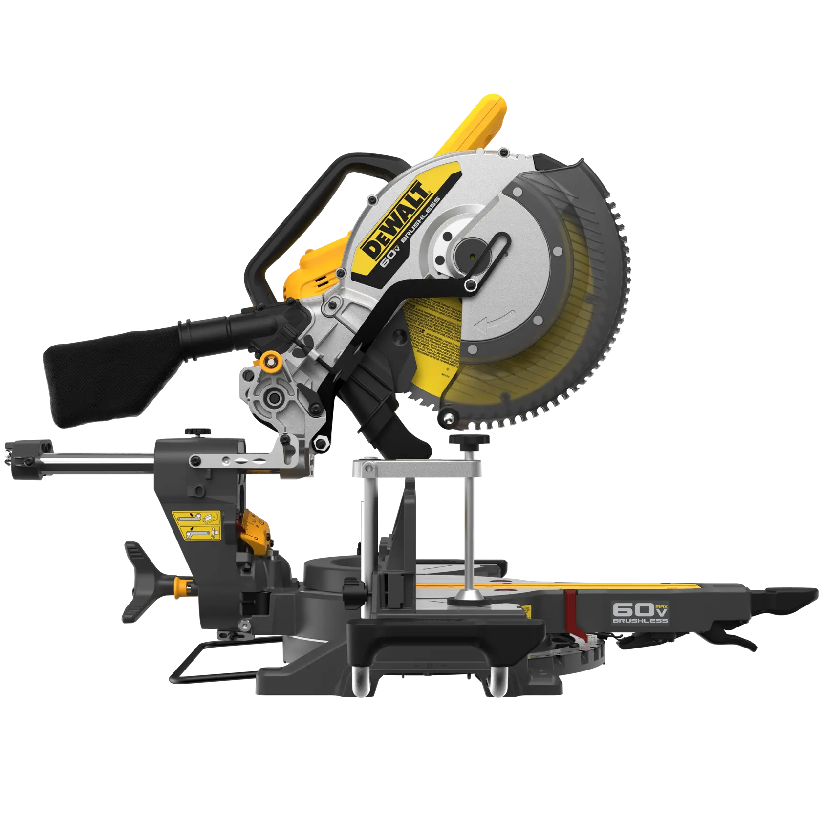 A DEWALT 60V MAX brushless sliding compound miter saw. The saw is mostly black, yellow, and silver with a large circular blade, a dust bag, and a sliding rail system. It is a power tool designed for precise cutting in woodworking and construction projects.