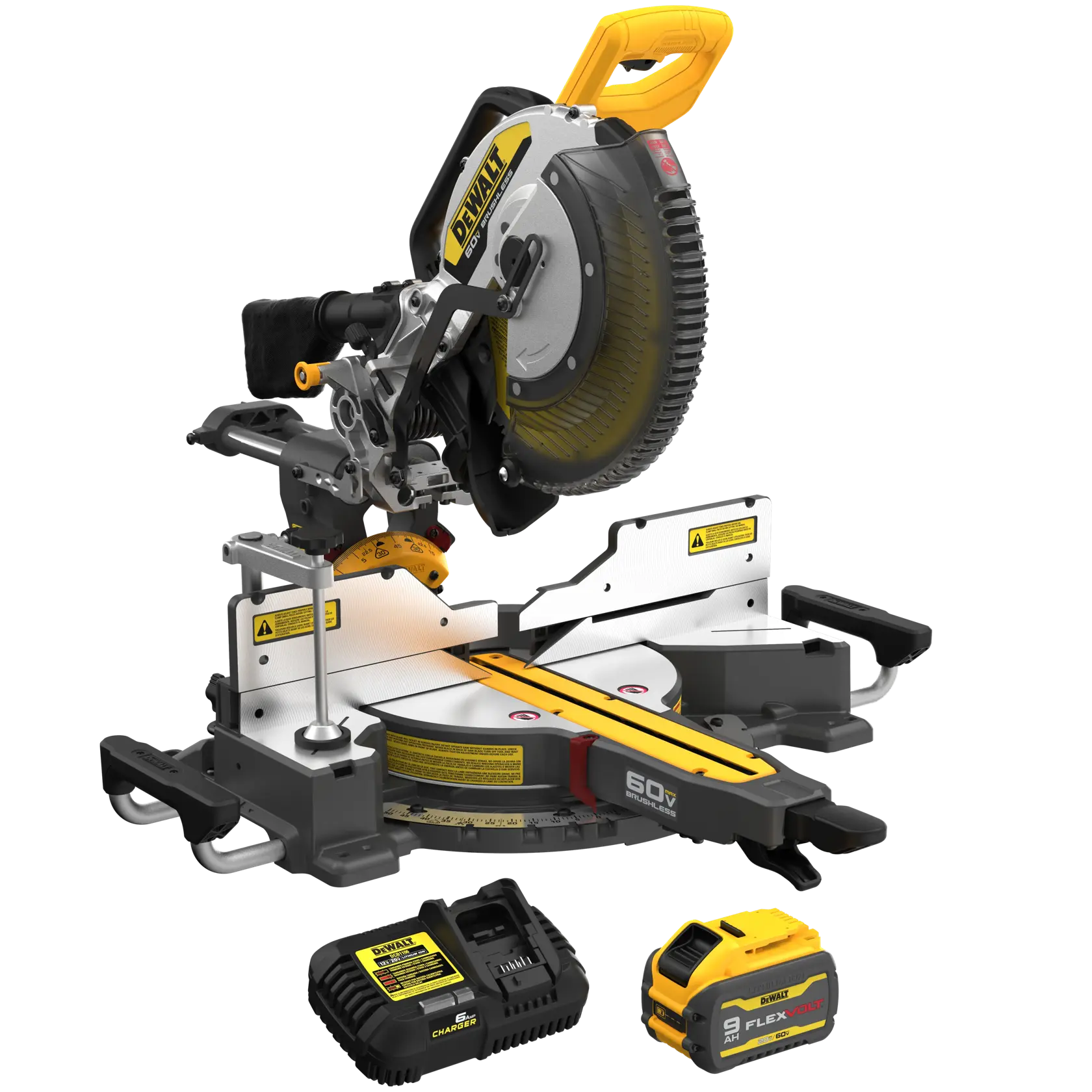 A DEWALT branded miter saw with a yellow handle, blade guard, and base, shown alongside a battery and charger. The saw is designed for woodworking and precise angled cuts.