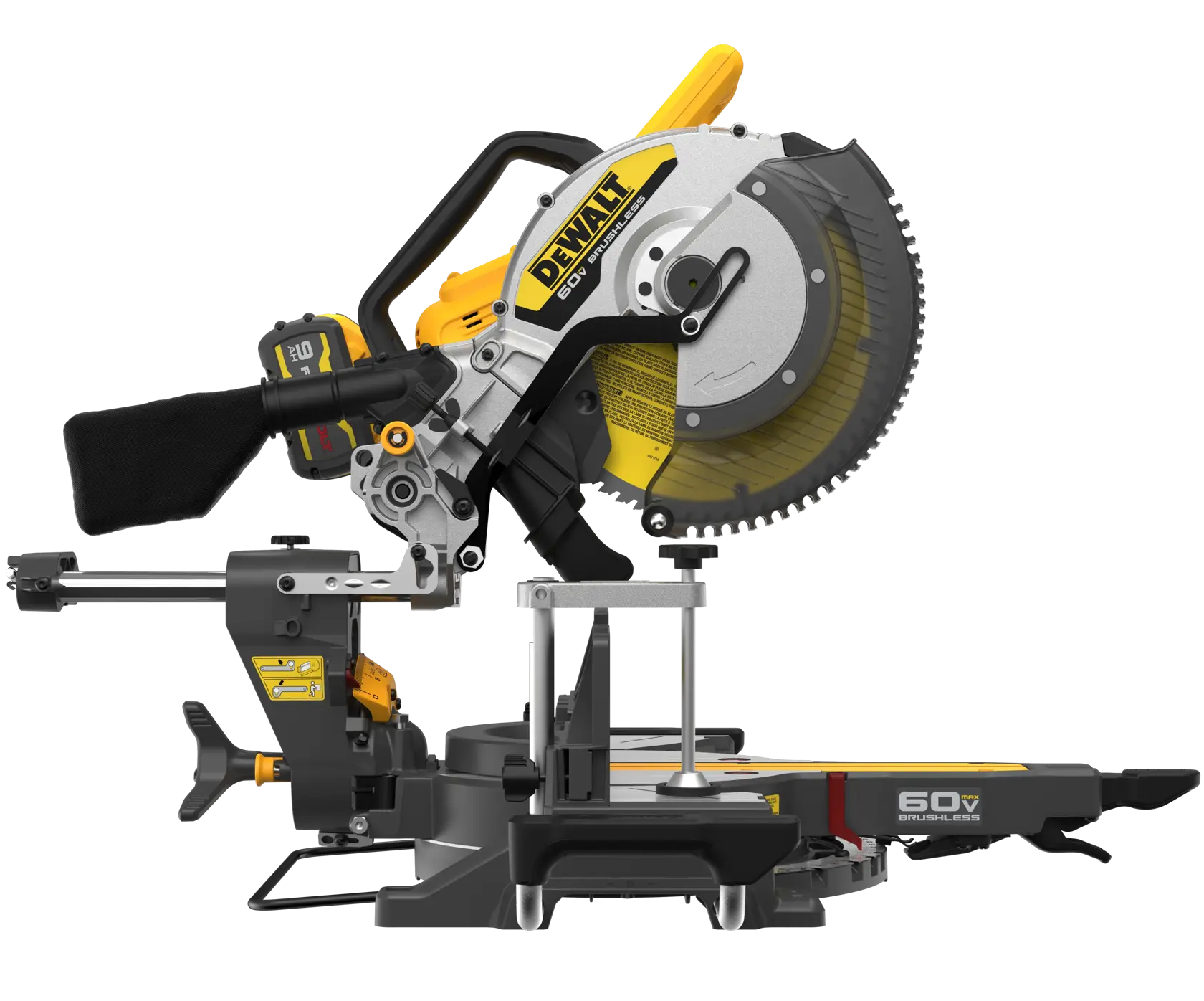 Sixty volt max cordless double bevel sliding miter saw with FLEXVOLT battery from the side