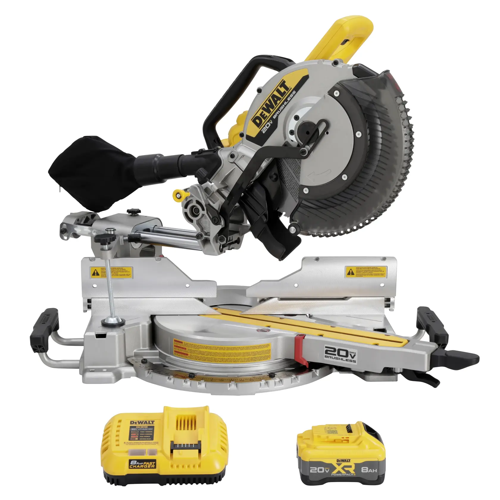 DEWALT Sliding Miter Saw kitted on an angle showing product labels