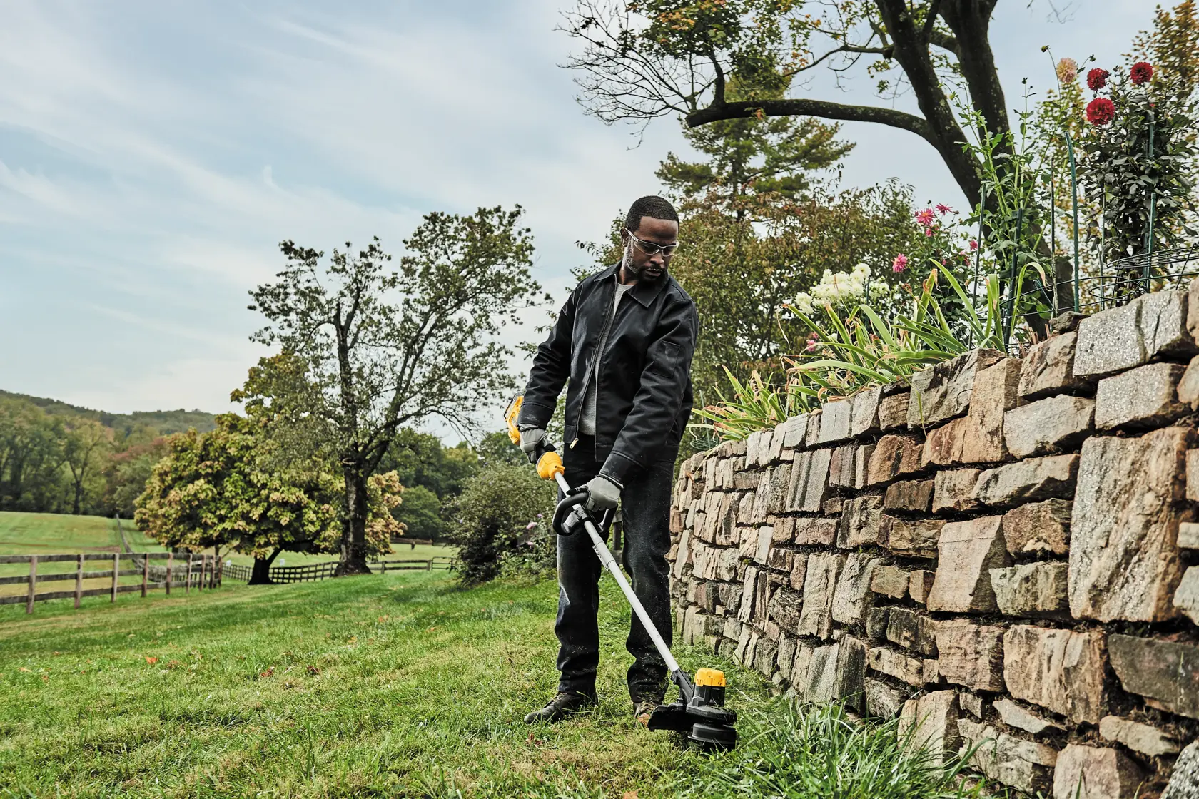 low angle view of Cordless String Trimmer being used.