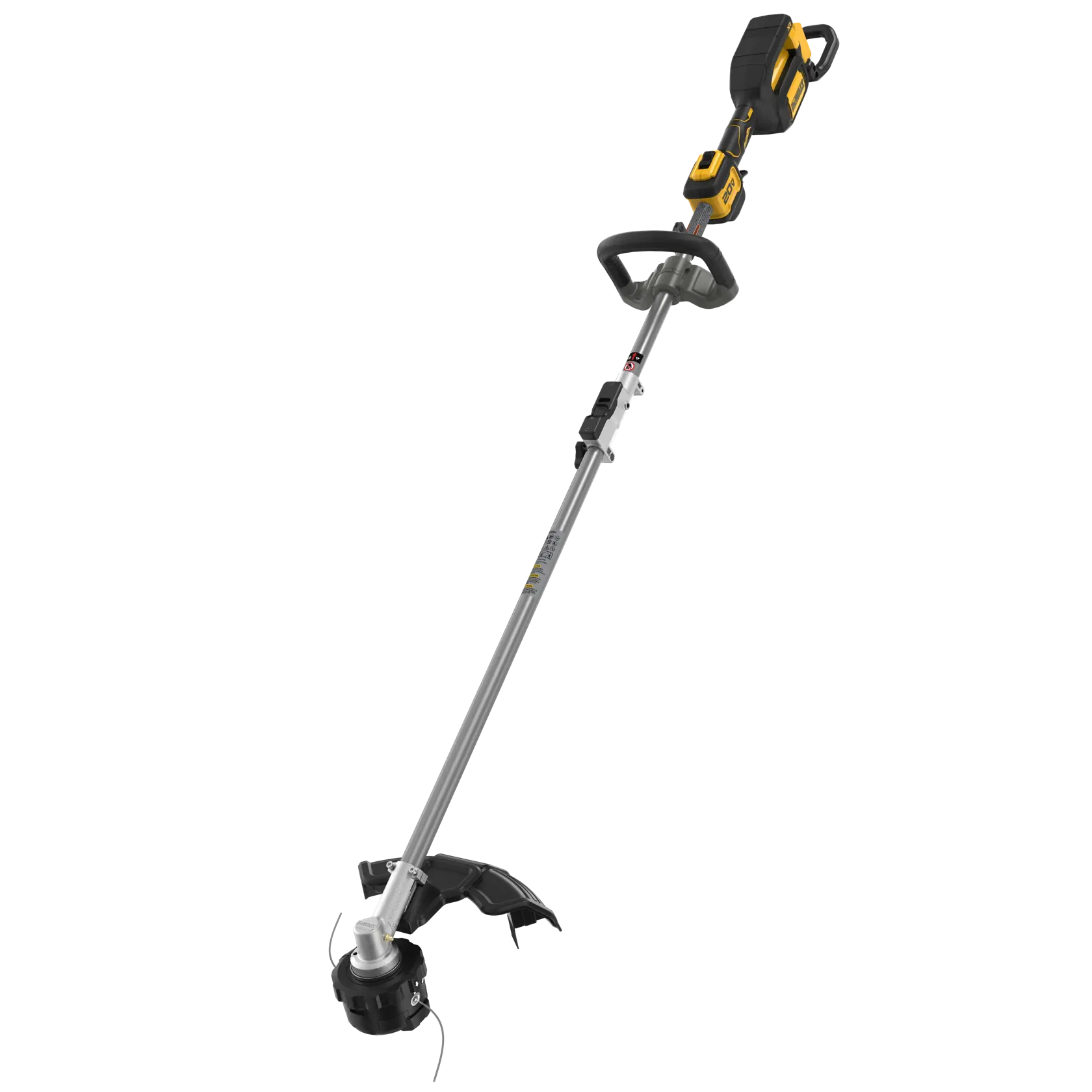 DEWALT cordless string trimmer with yellow and black handle, long shaft, and protective guard at the cutting end.