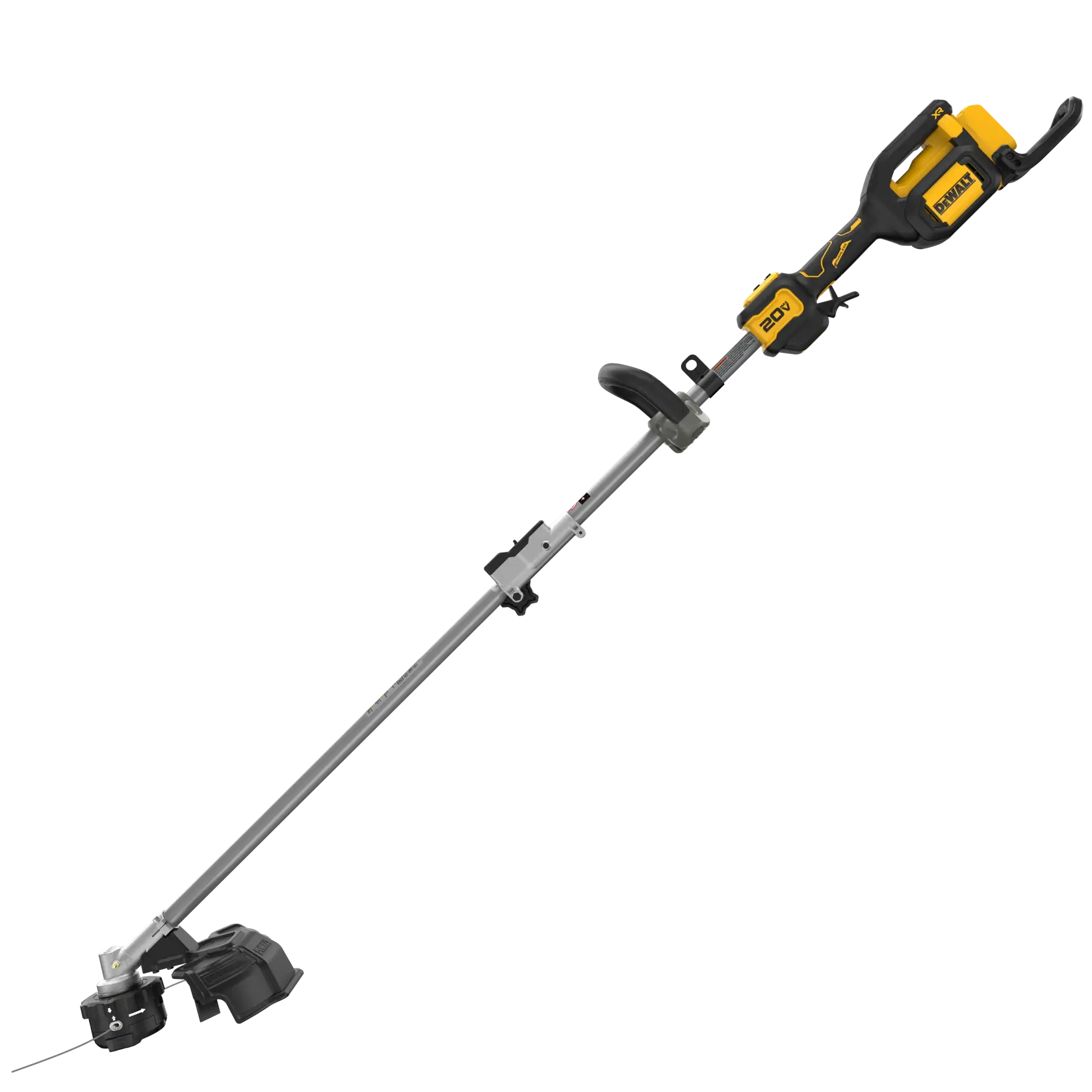 DEWALT cordless string trimmer with a yellow and black handle and a straight metal shaft.