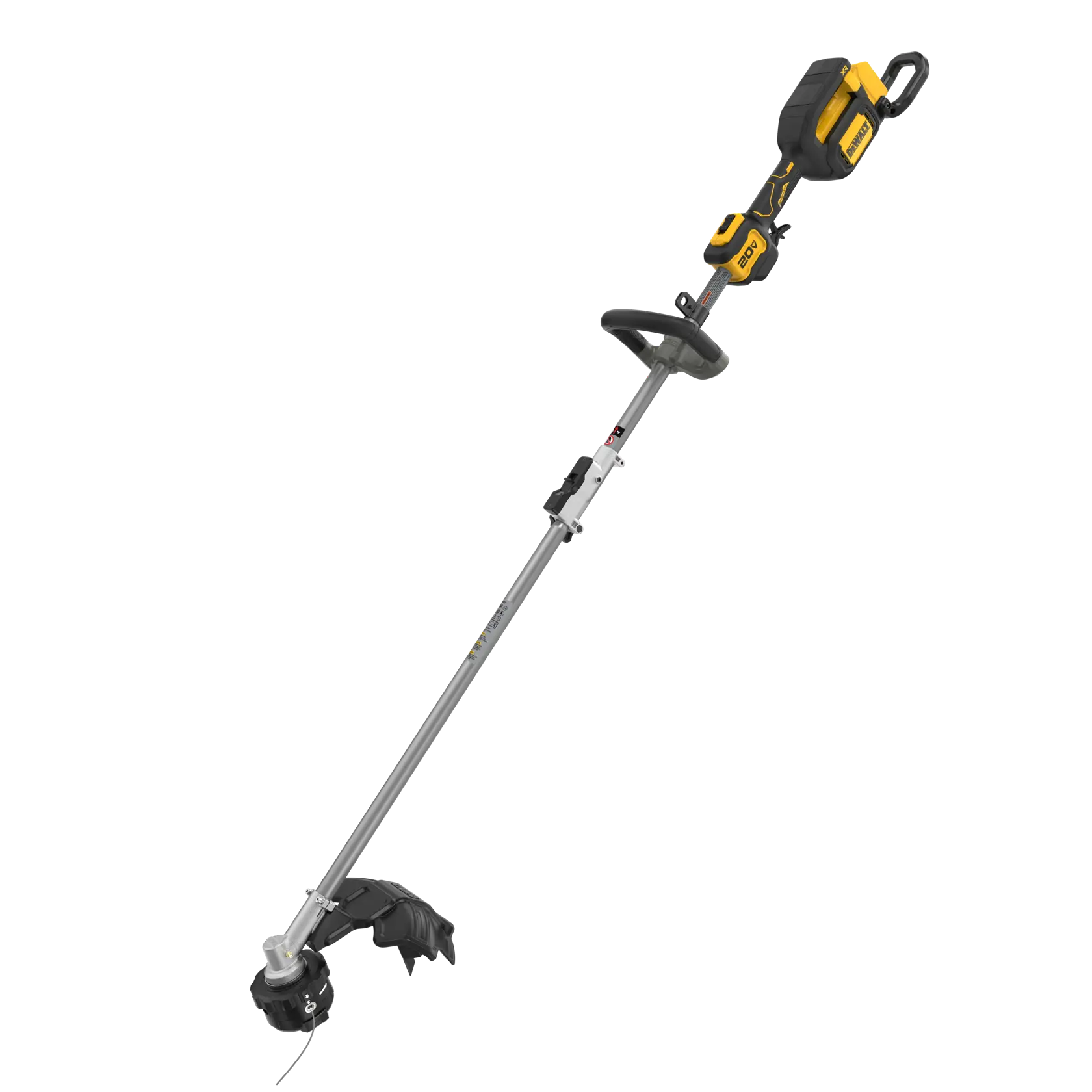 Cordless DEWALT string trimmer with a long shaft and yellow-black handle, shown on a white background.