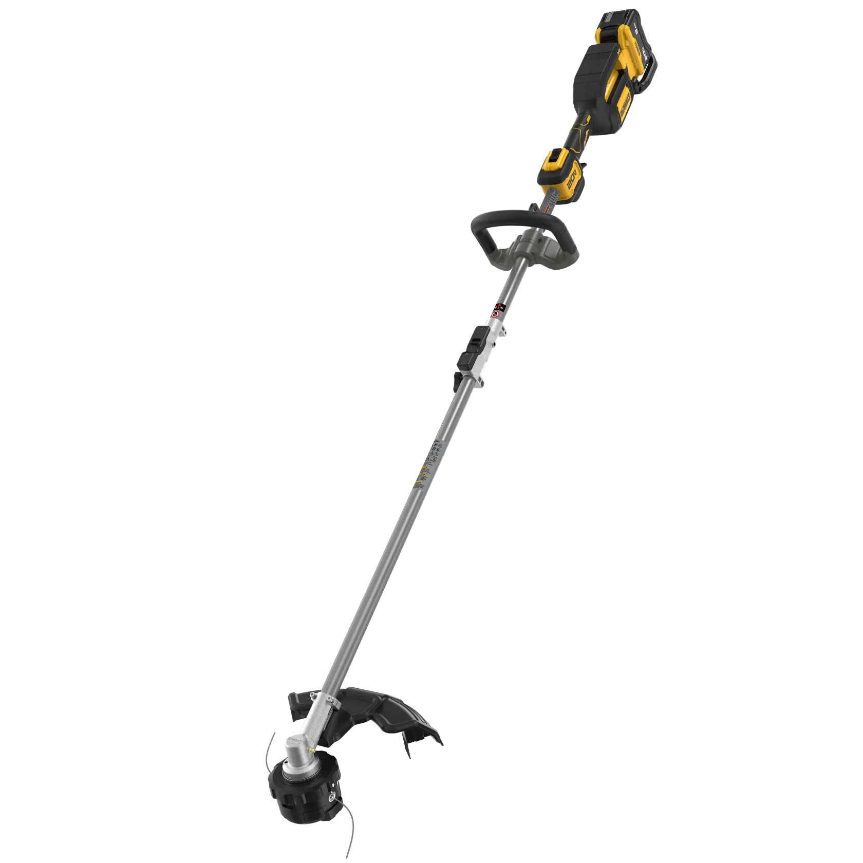 Cordless DEWALT string trimmer with a straight shaft, black and yellow accents, shown against a white background.