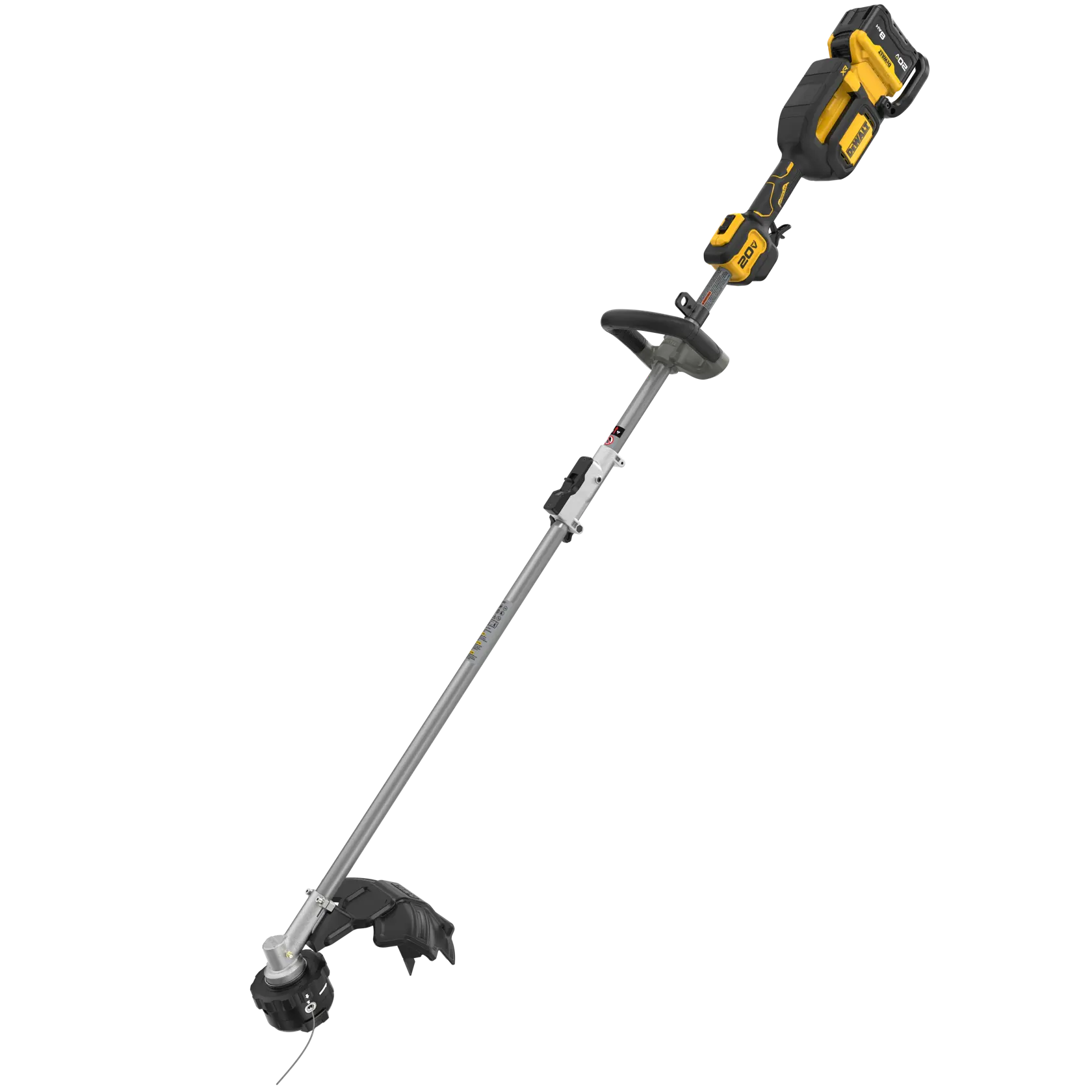 A DEWALT cordless string trimmer with a long handle, yellow and black accents, and a battery pack.