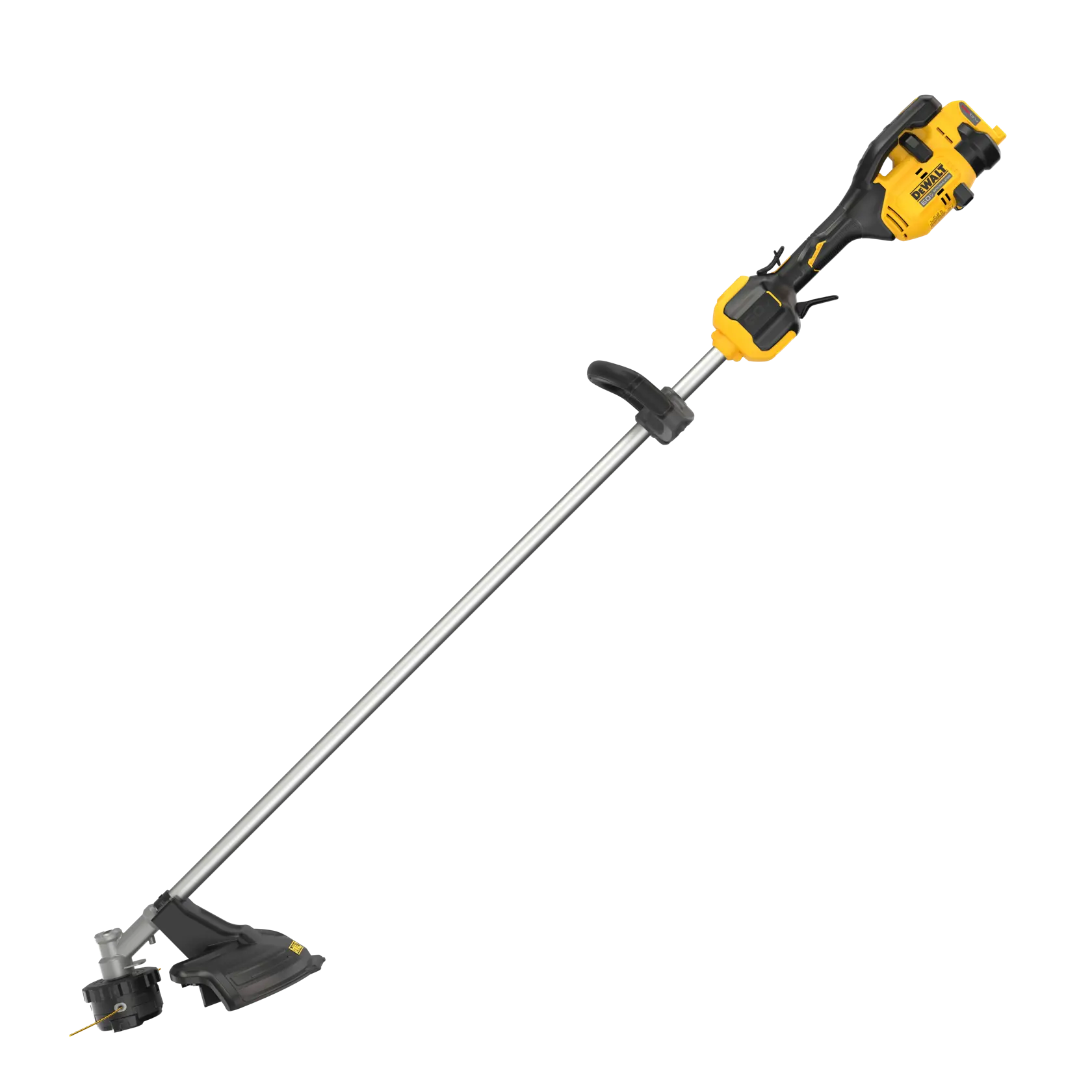 Cordless string trimmer with a long straight shaft, featuring a yellow and black DEWALT design, shown isolated on a white background.