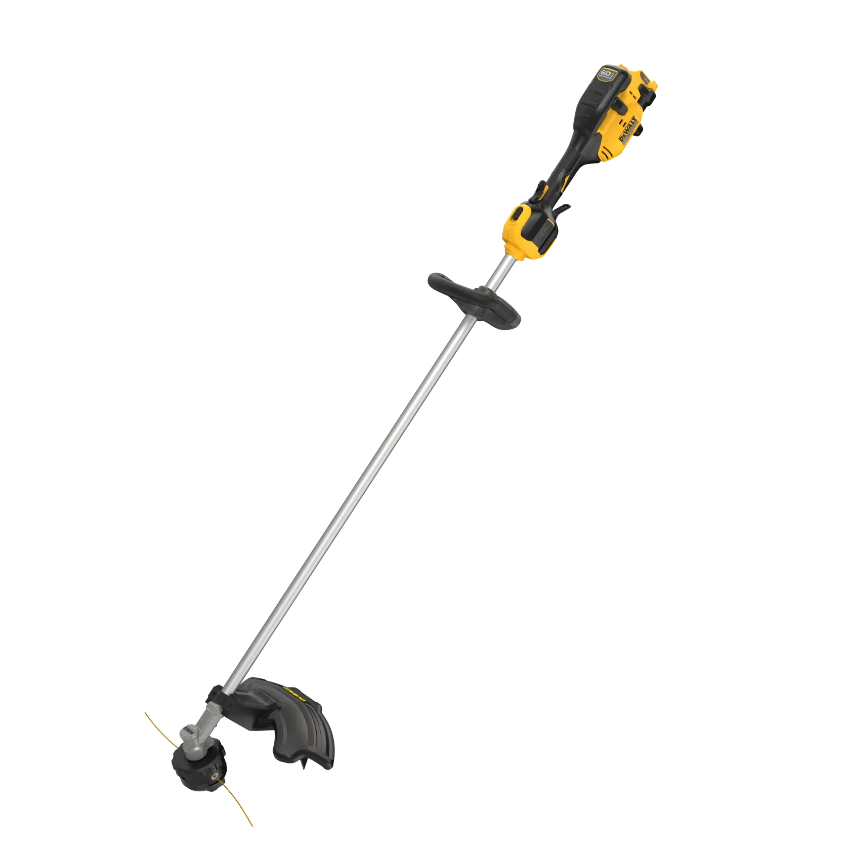 A DEWALT cordless string trimmer with a long silver shaft, black and yellow handle, and black trimming head with protective guard.