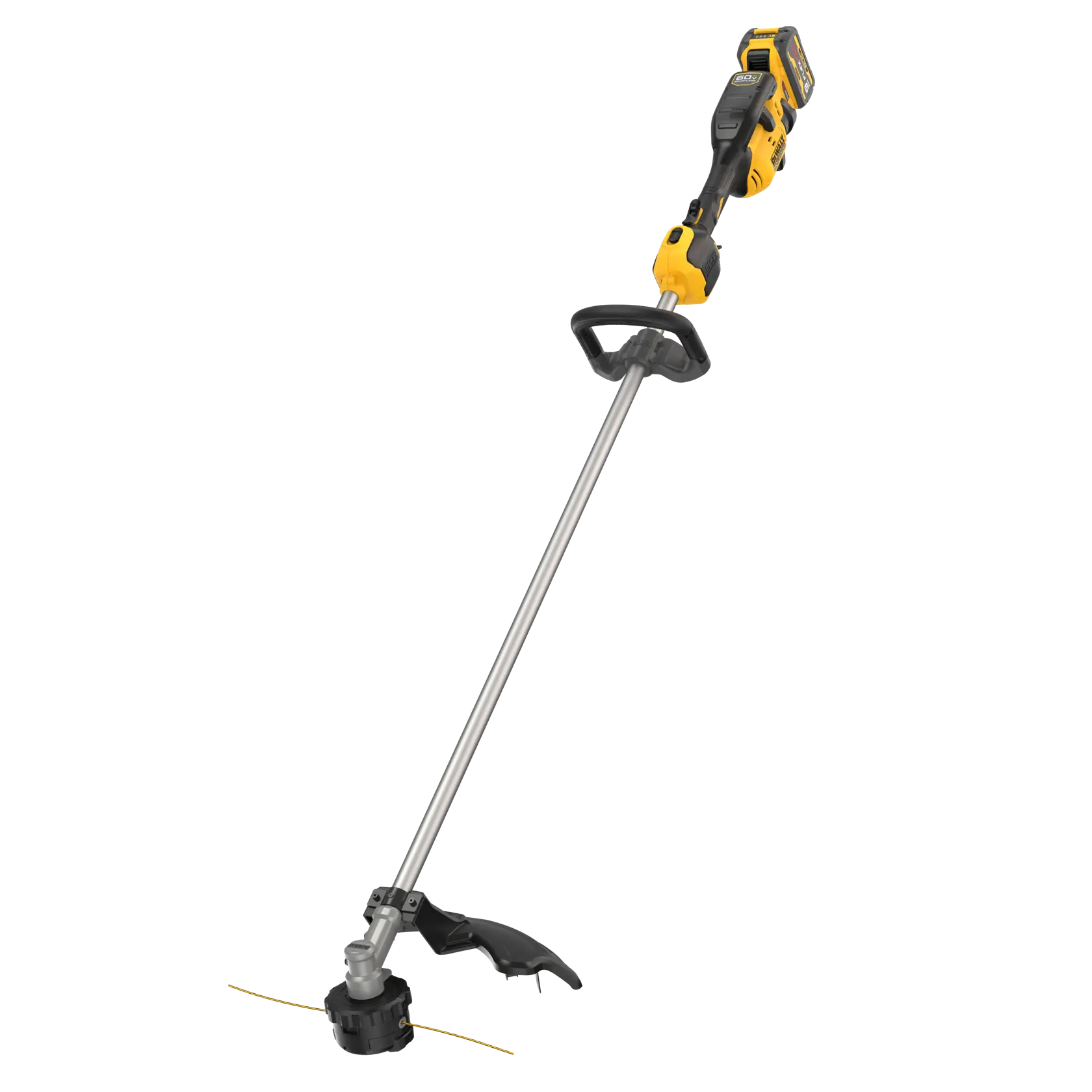 A DEWALT cordless string trimmer with a yellow and black handle, a straight metal shaft, and a black cutting head with yellow trimming line, displayed against a white background.