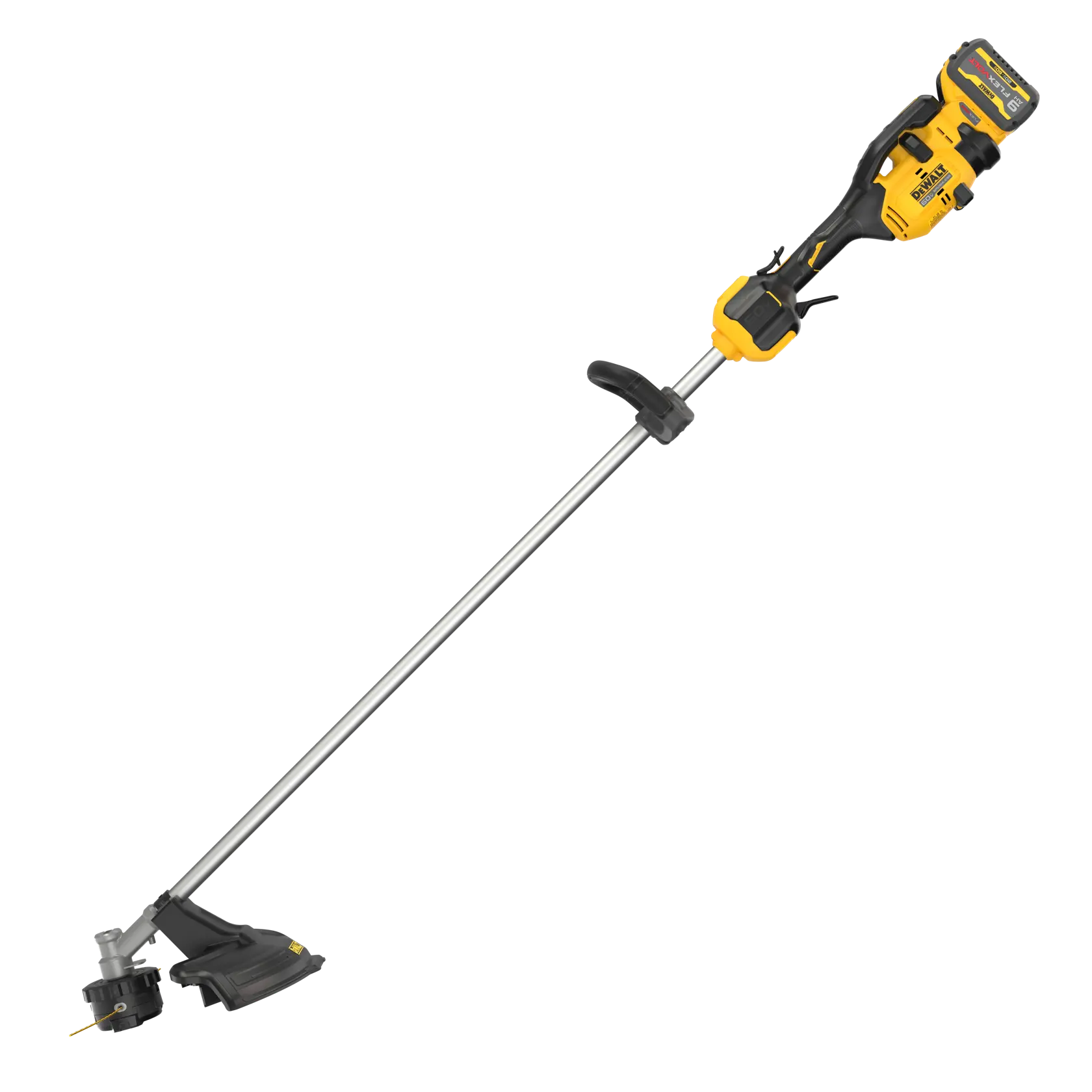 A yellow and black DEWALT cordless string trimmer with a straight shaft and ergonomic handle.