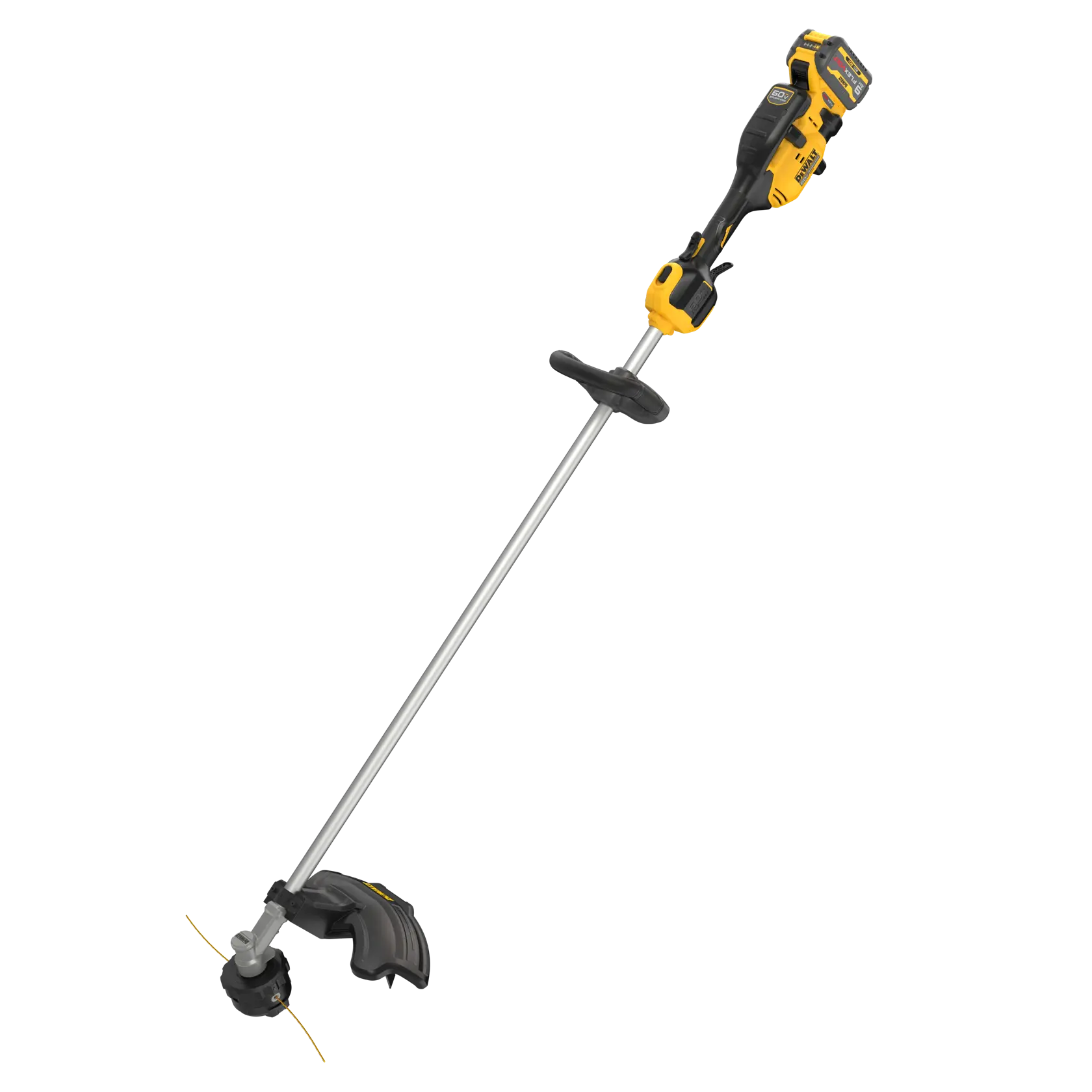 A cordless yellow and black string trimmer with a long silver shaft and plastic handle. The trimmer is designed for outdoor lawn maintenance.