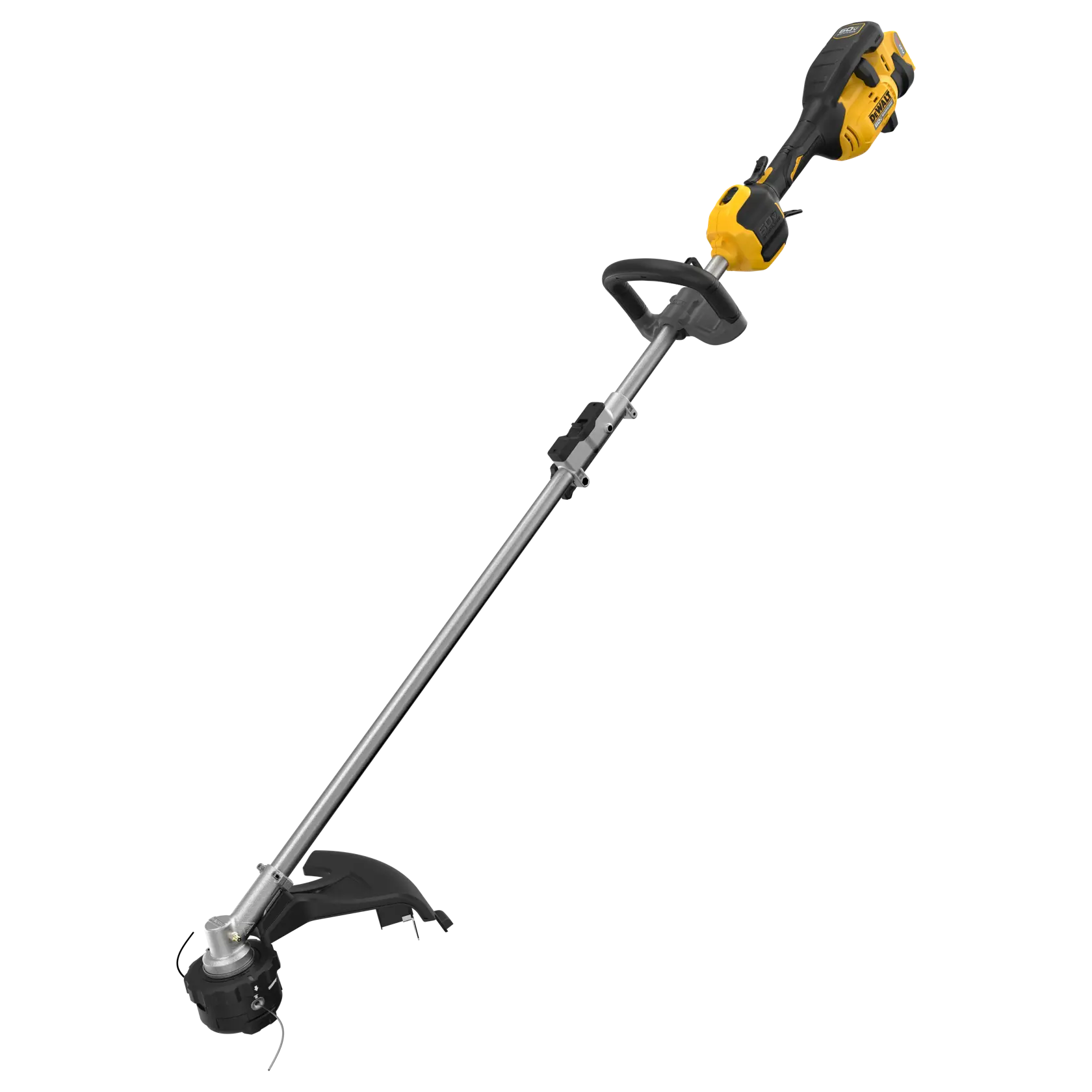 DEWALT cordless string trimmer with yellow and black design, straight shaft, and ergonomic handle.