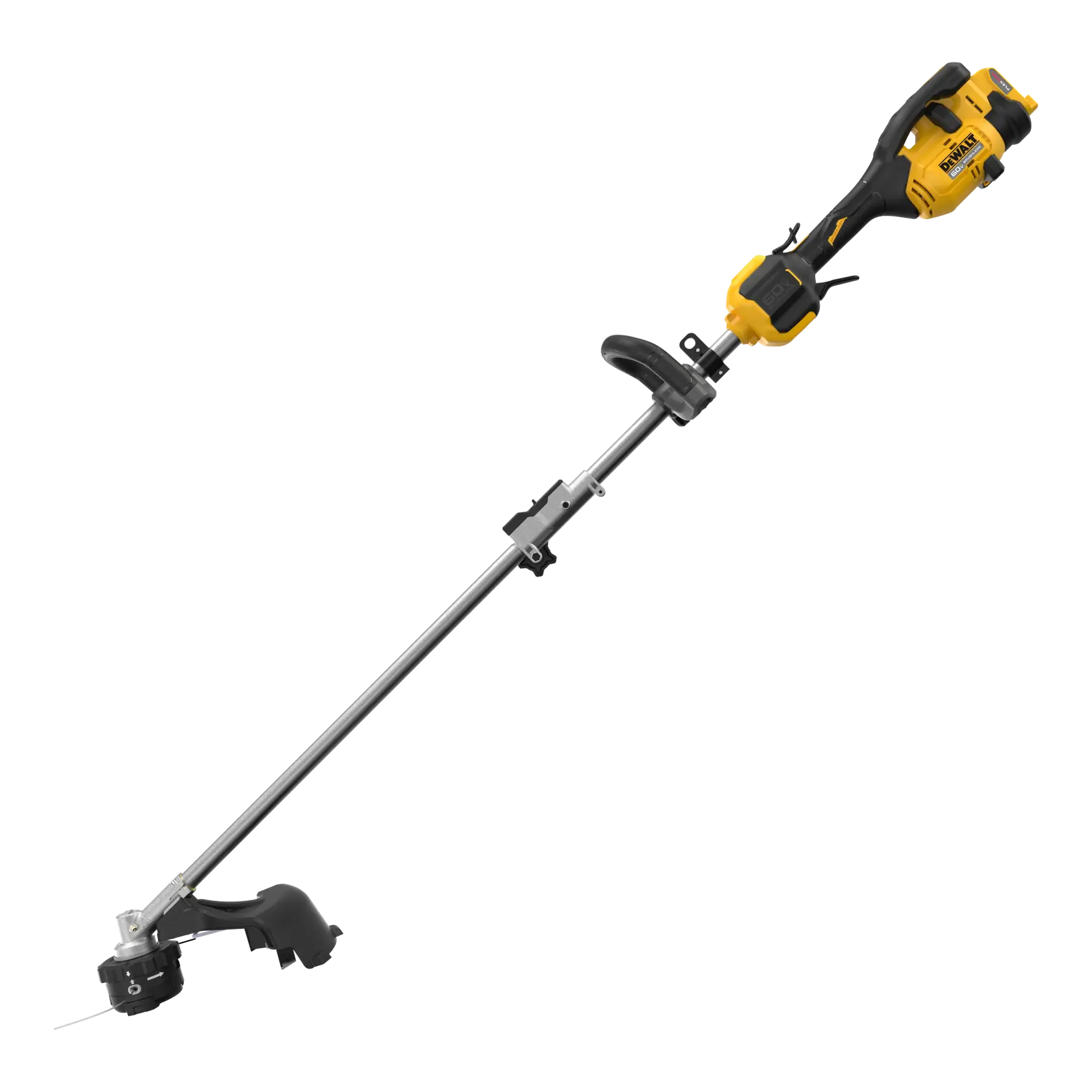 DEWALT cordless string trimmer with a yellow and black handle, straight shaft, and cutting head.