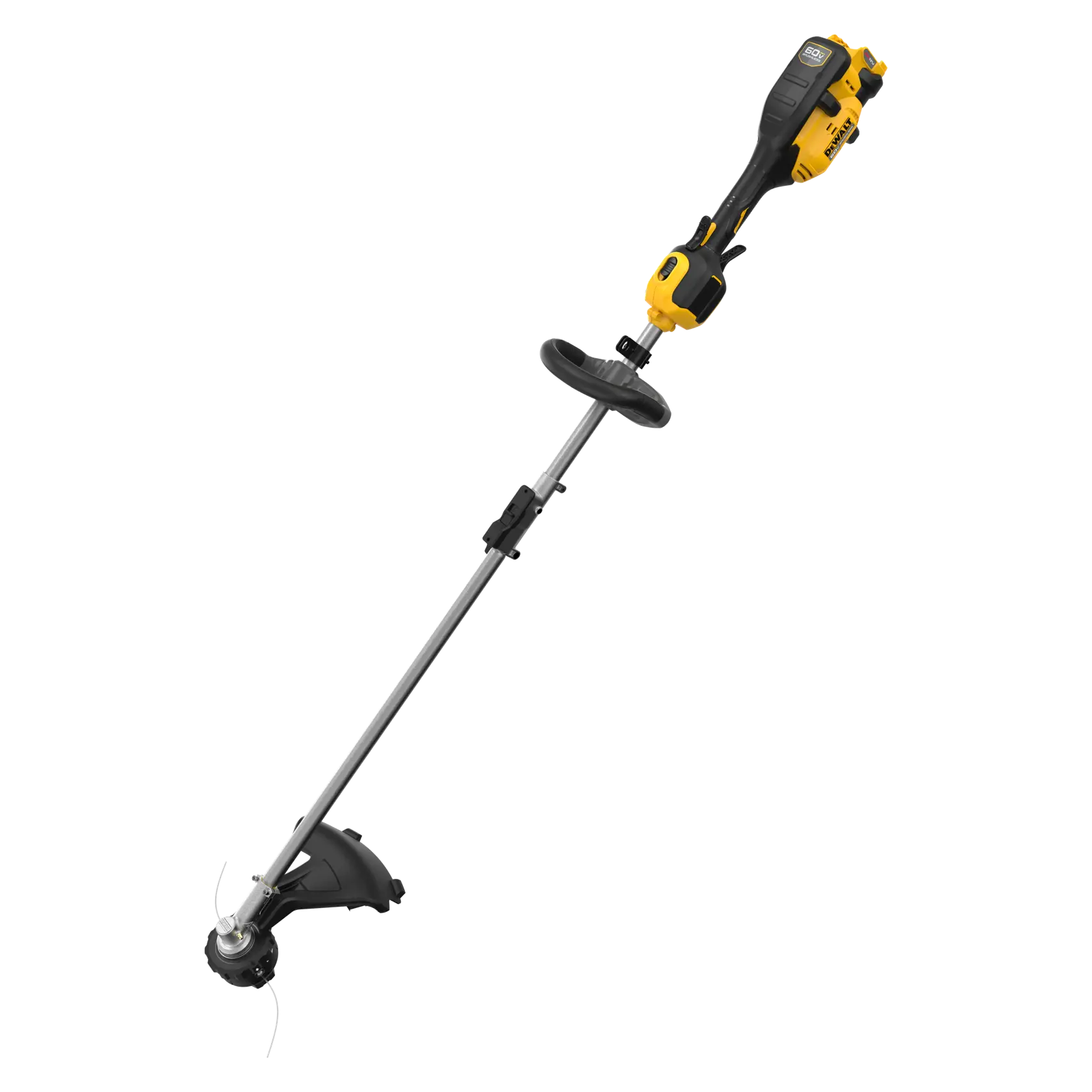 Cordless yellow and black DEWALT string trimmer with straight shaft on a white background.