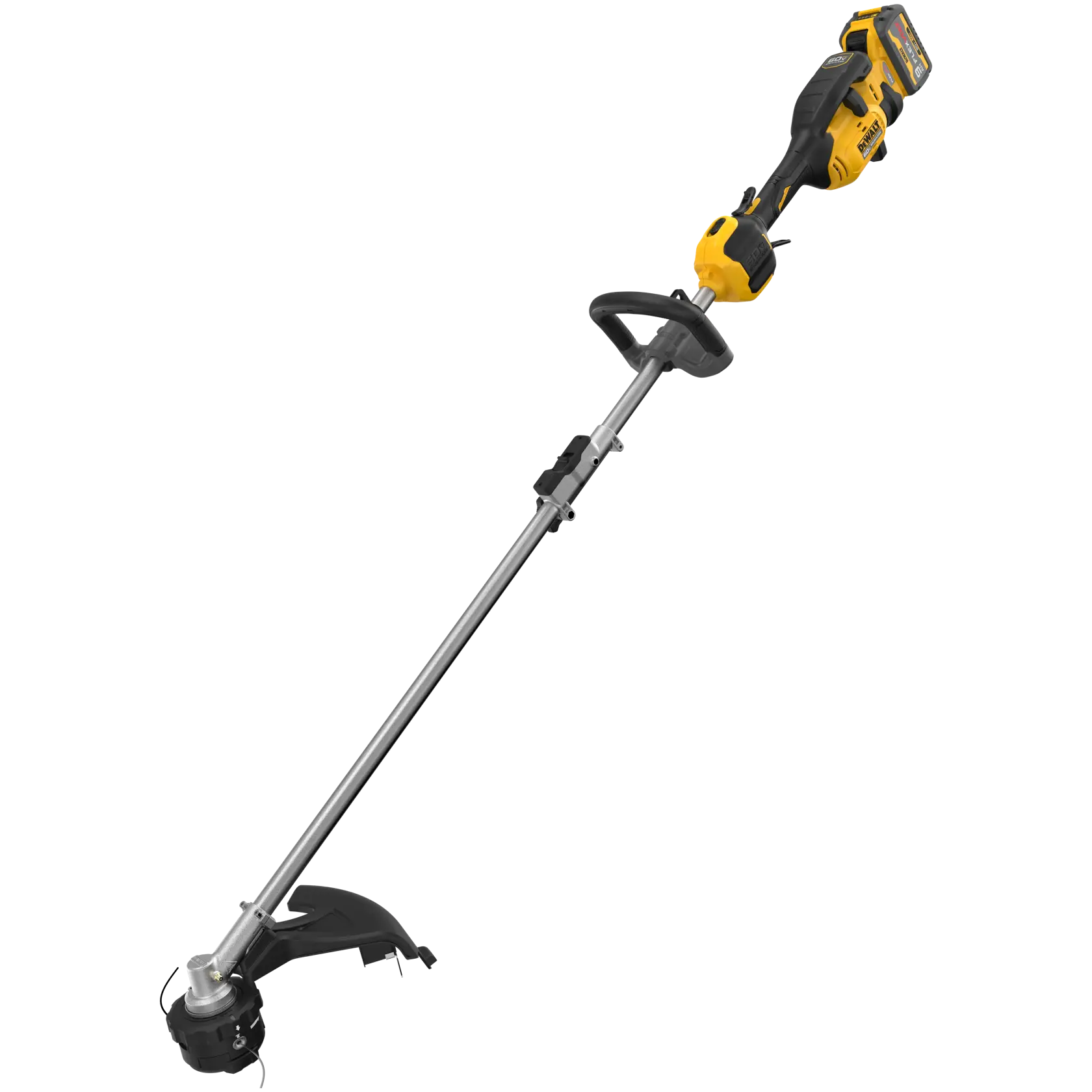 Yellow and black cordless DEWALT string trimmer with straight shaft for yard work, isolated on white background.