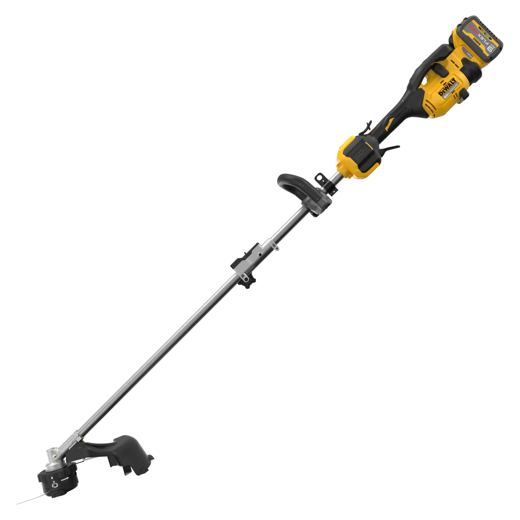 Yellow and black DEWALT cordless string trimmer with a straight shaft and battery attached.