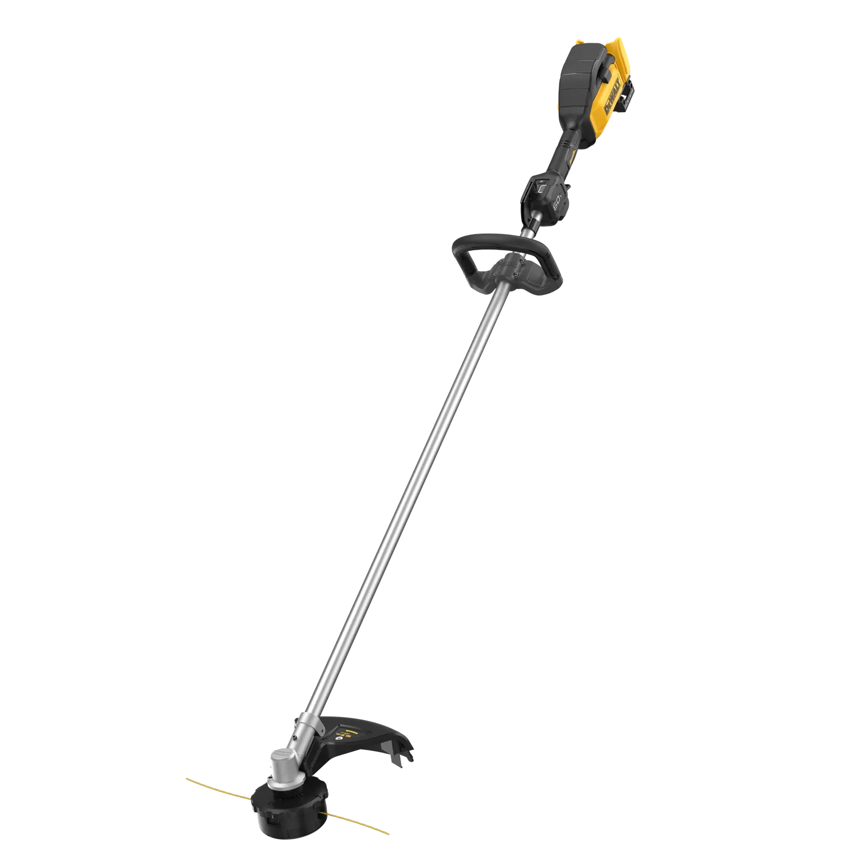 A DEWALT battery-powered string trimmer with a long silver shaft, black handle, and yellow and black motor housing, designed for trimming grass and weeds.