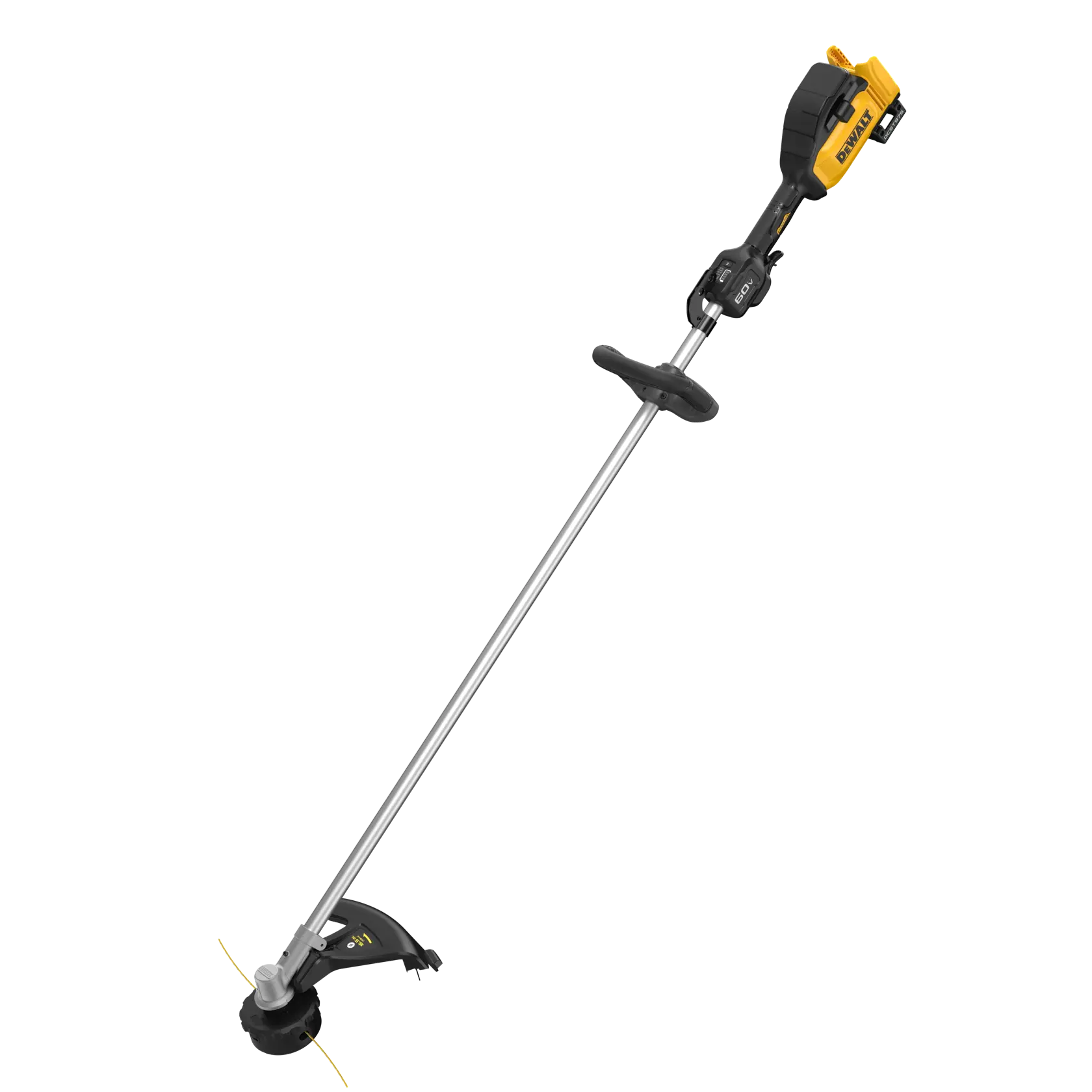A DEWALT cordless string trimmer with a yellow and black motor housing, long metal shaft, and black handle. The trimmer head is at the bottom with yellow cutting line visible.
