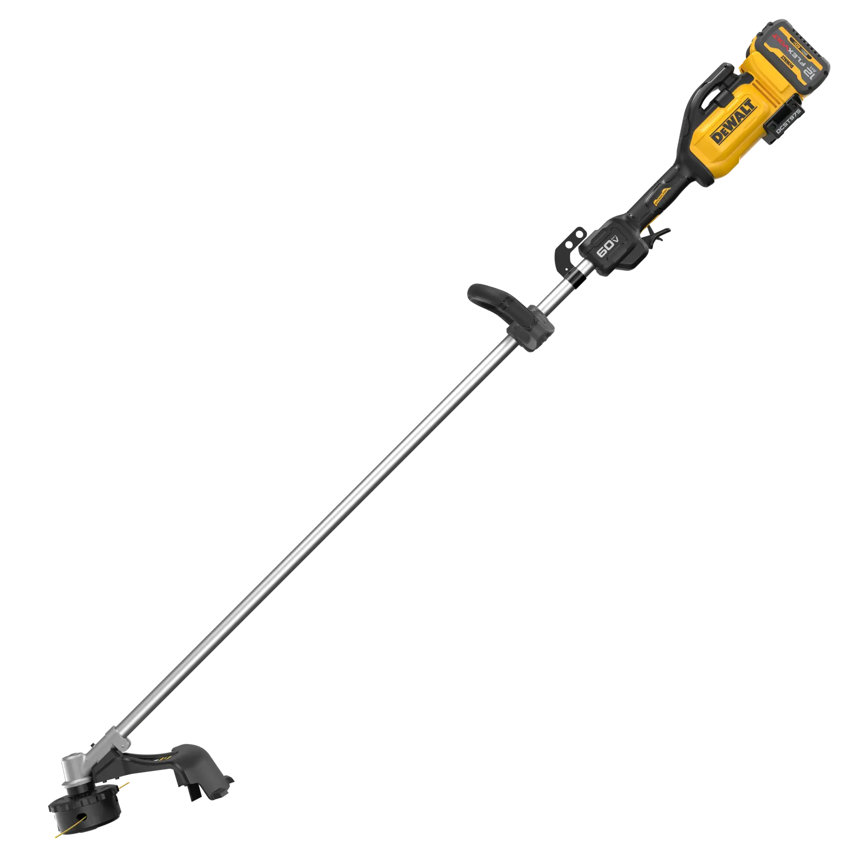 A DEWALT cordless string trimmer with a yellow and black motor housing, metal shaft, and cutting head. The battery and handle are visible at the top end.
