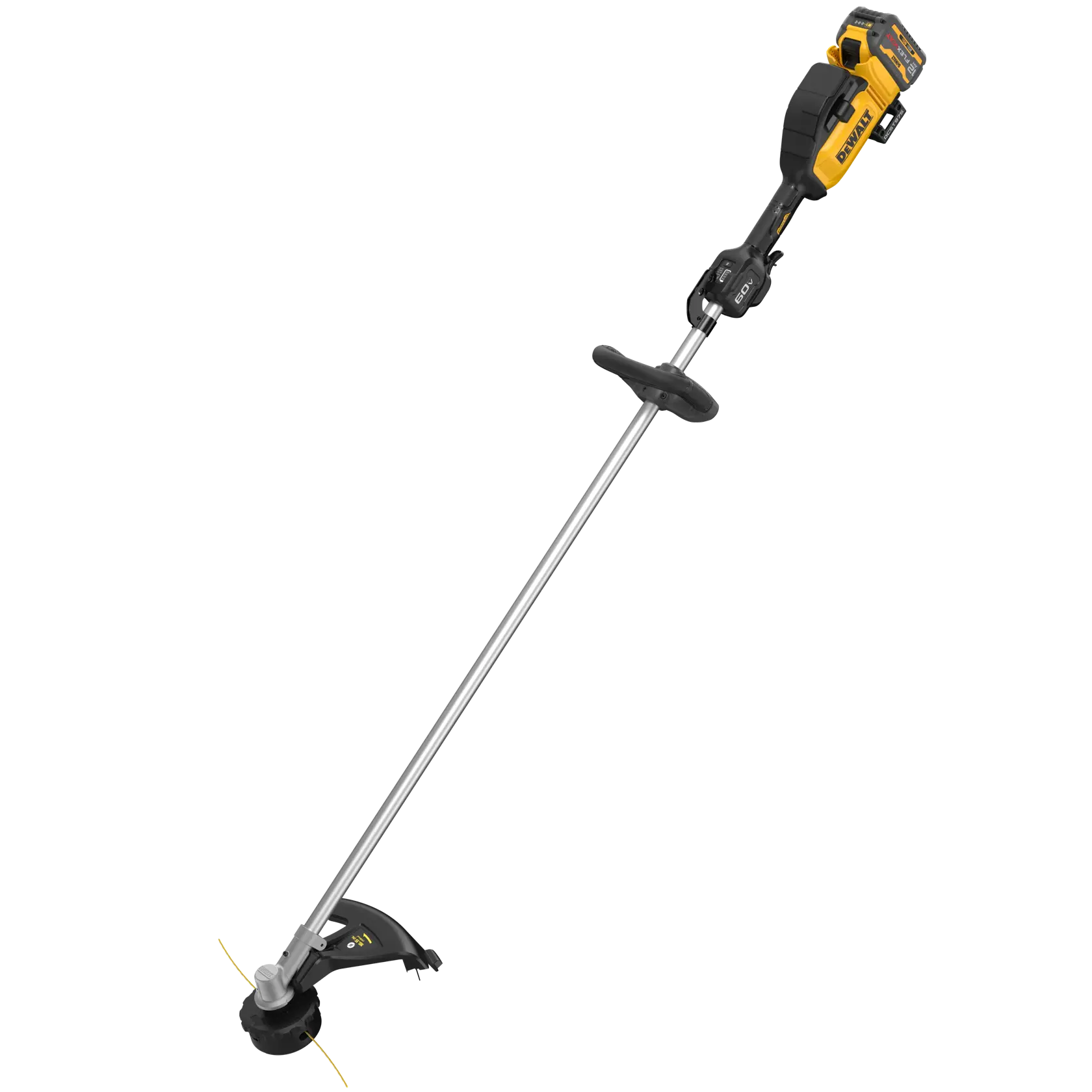 A DEWALT cordless string trimmer with a long metal shaft, black and yellow motor housing, and handle, shown against a white background.