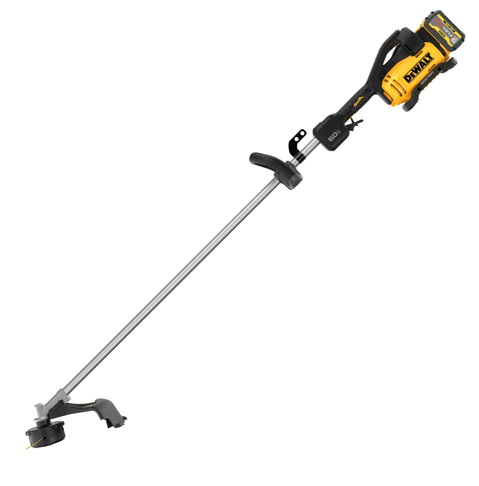 Bush cutter angled view side facing with battery with D-ring feature