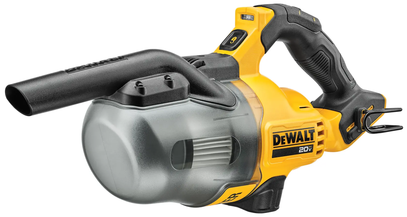 Male using DEWALT 20 MAX* Hand Vacuum with extension tube and floor nozzle accessories vacuuming up drywall, dust, and small screws on a jobsite. DEWALT Power Stack battery is being used. LED light is powered on.