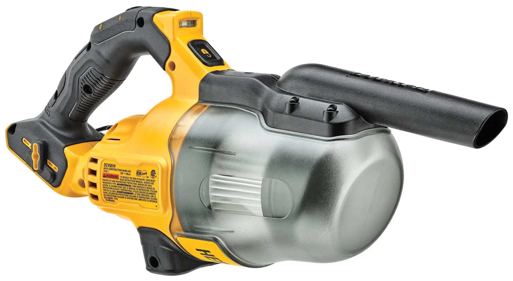 Male using DEWALT 20 MAX* Hand Vacuum with extension tube and floor nozzle accessories vacuuming up drywall, dust, and small screws on a jobsite. 9AH DEWALT Flexvolt battery is being used. LED light is powered on.