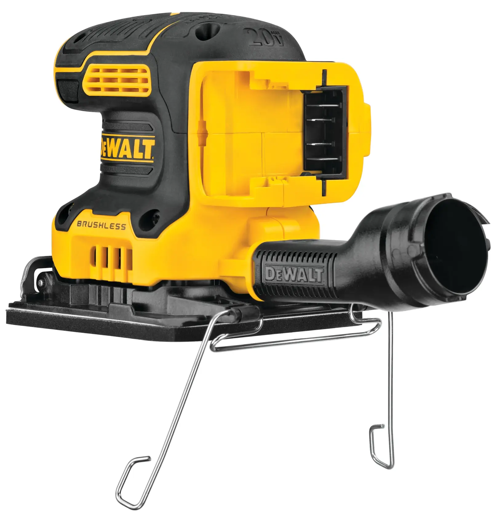 profile of Brushless Cordless Variable Sheet Sander On a stand.