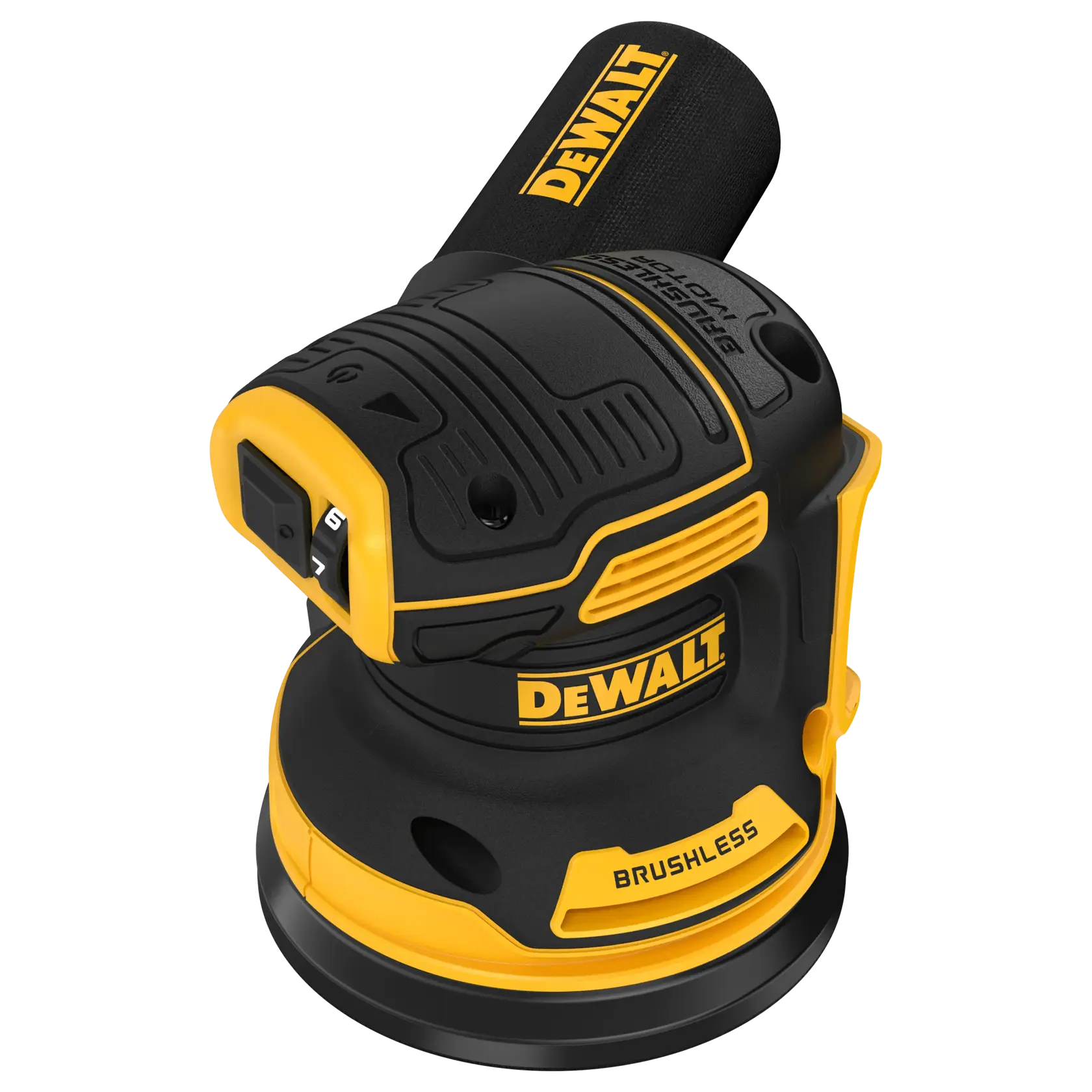 DEWALT brushless cordless sander with black and yellow design, dust bag, and brand logo on top.