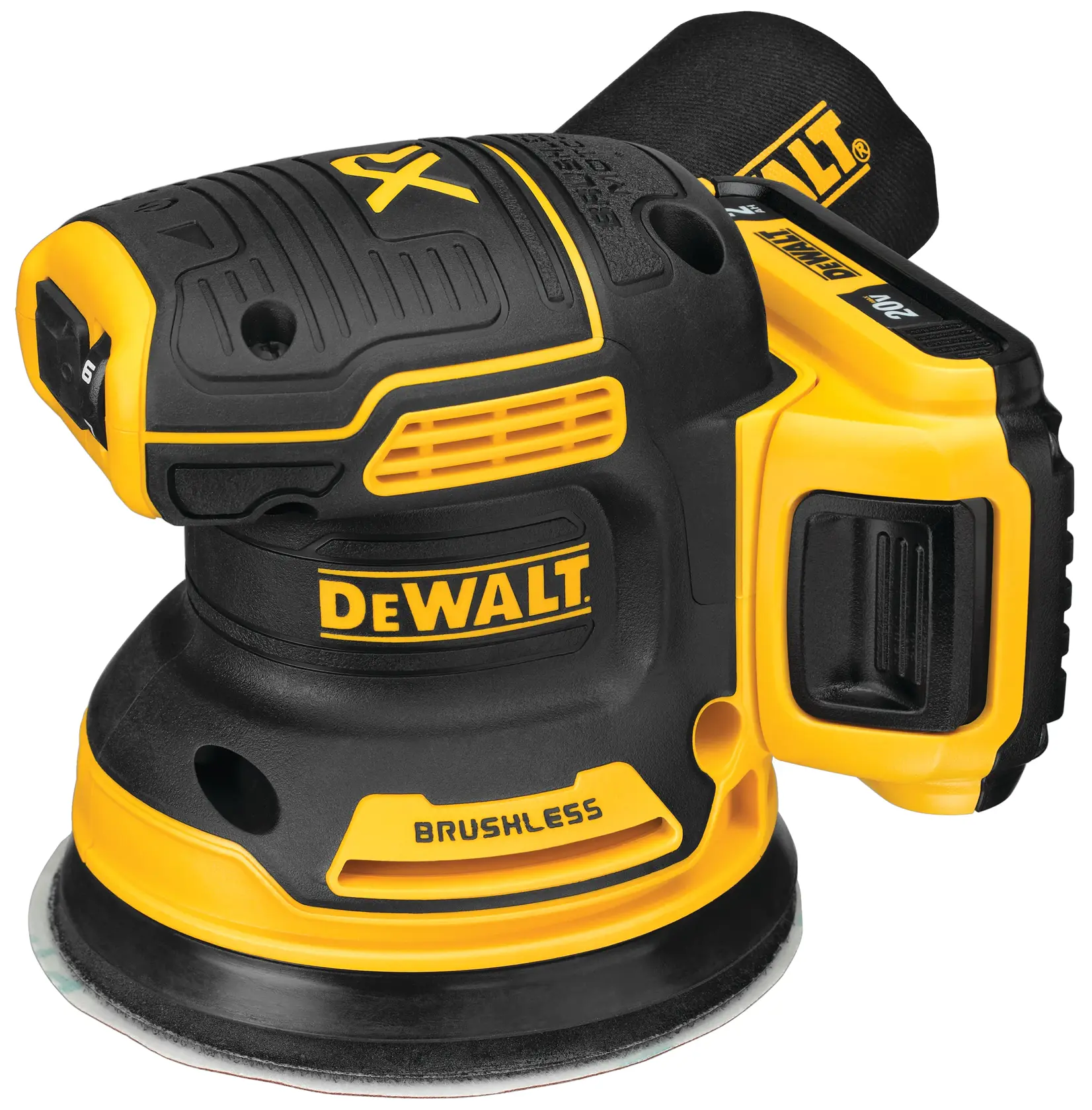 A DEWALT 20V cordless brushless random orbital sander with a black and yellow design. The sander features ergonomic grip areas, visible ventilation, and a dust collection bag at the back. The brand name DEWALT and the word 'BRUSHLESS' are printed on the tool.