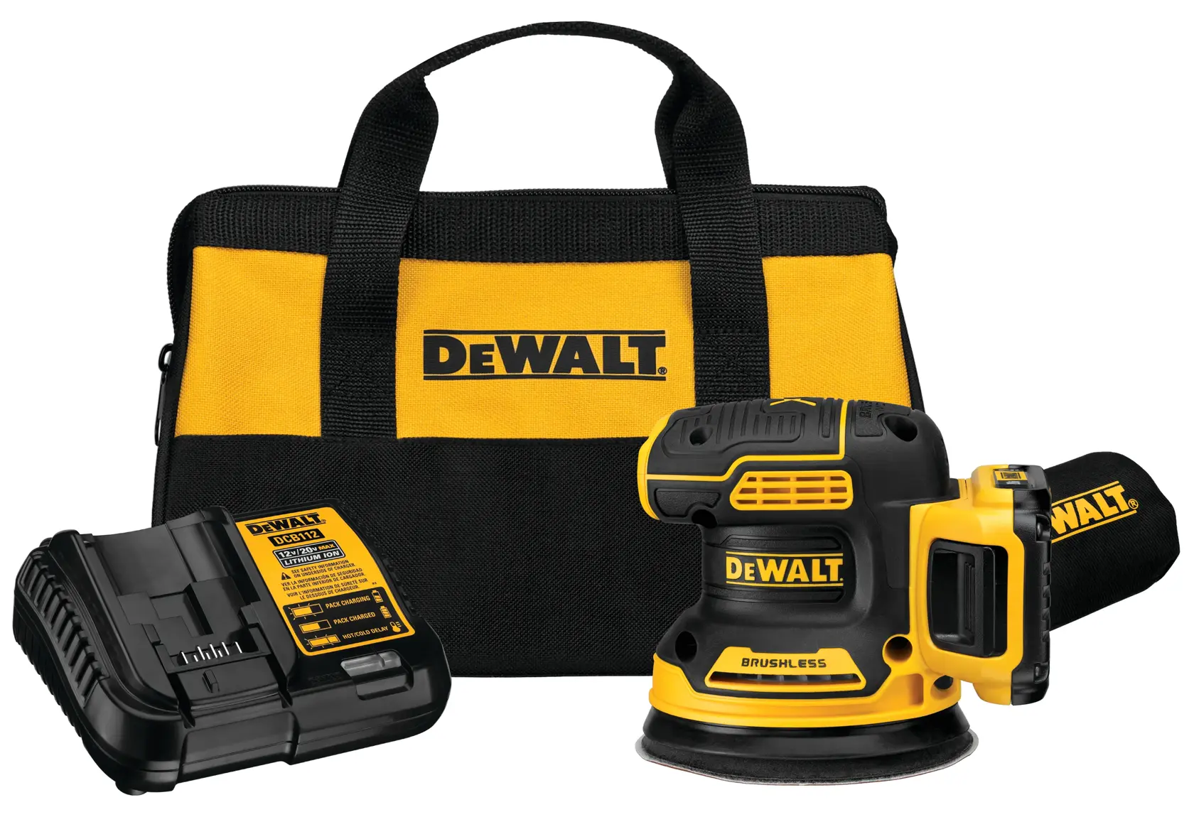A DEWALT branded kit including a yellow and black carrying bag, a cordless brushless sander, and a battery charger.