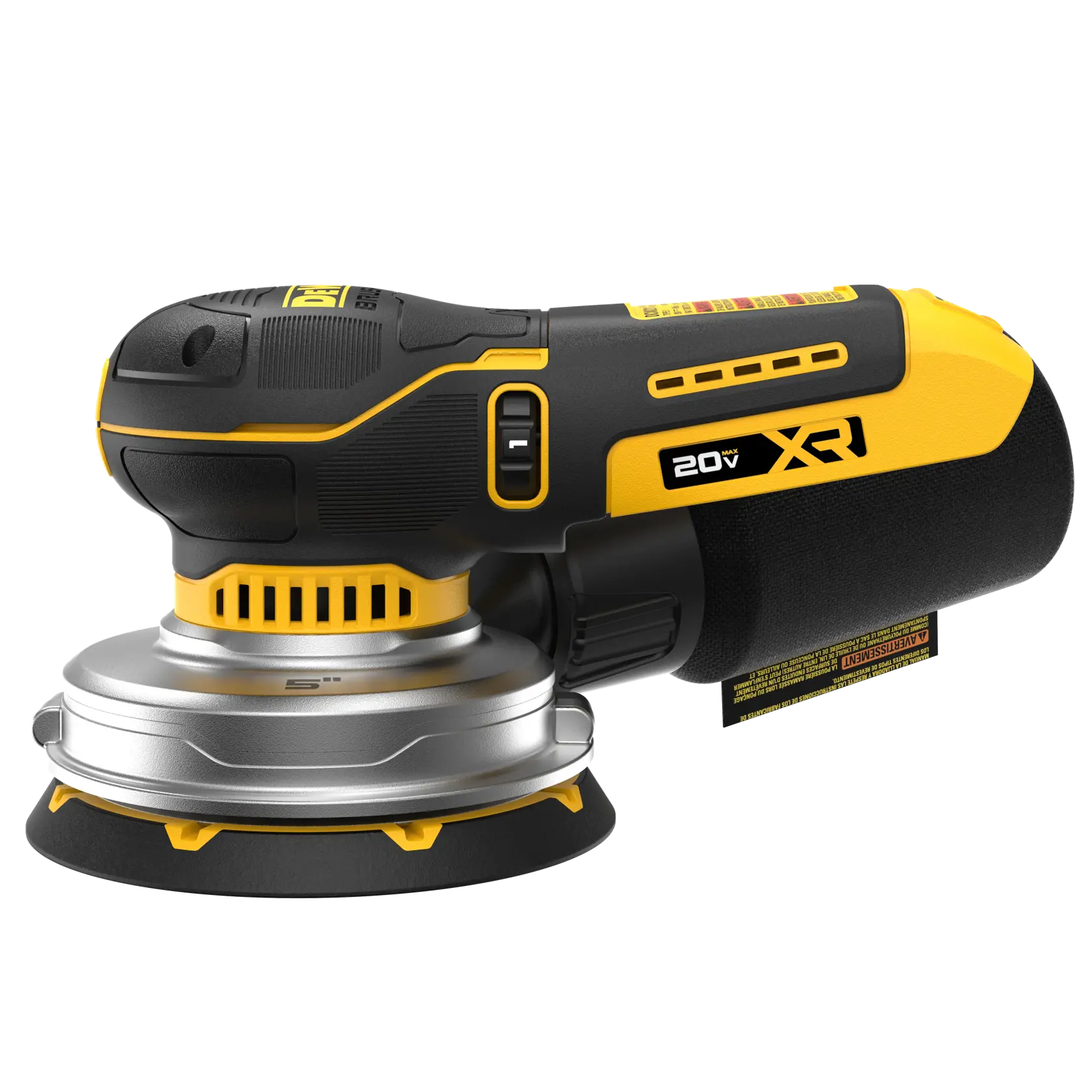 DEWALT 20V XR cordless sander with dust bag for smoothing wood surfaces.