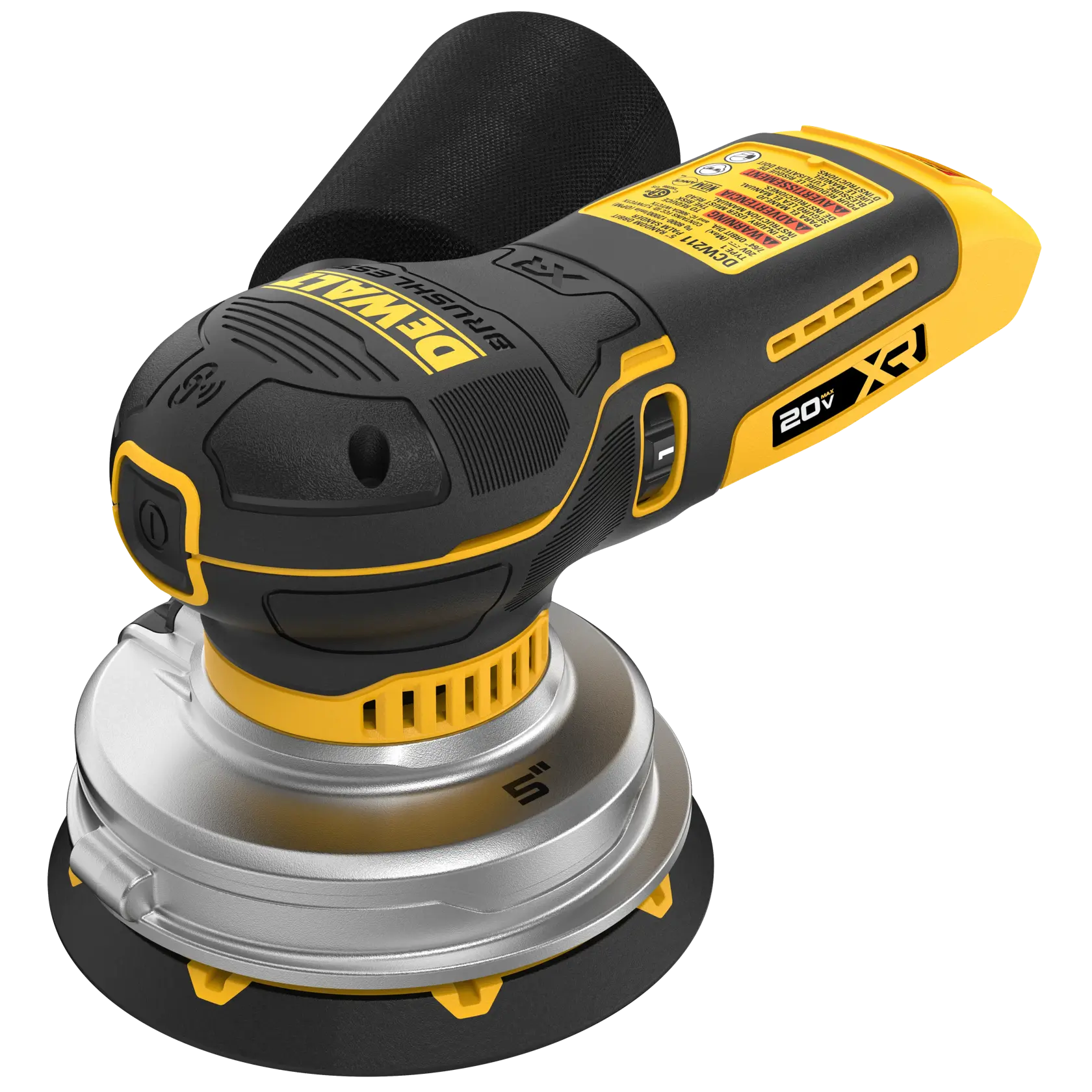 DEWALT 20V cordless 5-inch sander for woodworking and smoothing surfaces.