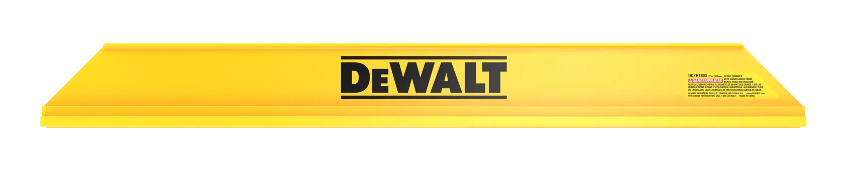 A yellow DEWALT-branded photography accessory, shaped as a straight bar with a warning label on the right side.