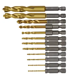 12 pieces of impact ready titanium nitride coated drill bits.