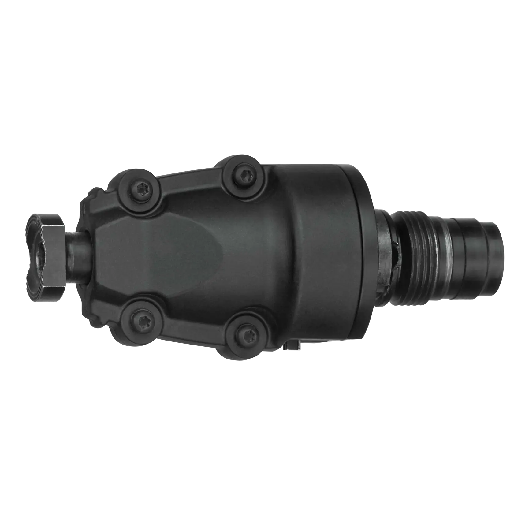 A close-up image of a DEWALT industrial tool attachment, showing a black metal adapter with visible bolts and a threaded end.