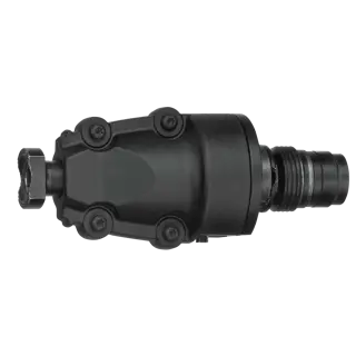 A close-up image of a DEWALT industrial tool attachment, showing a black metal adapter with visible bolts and a threaded end.