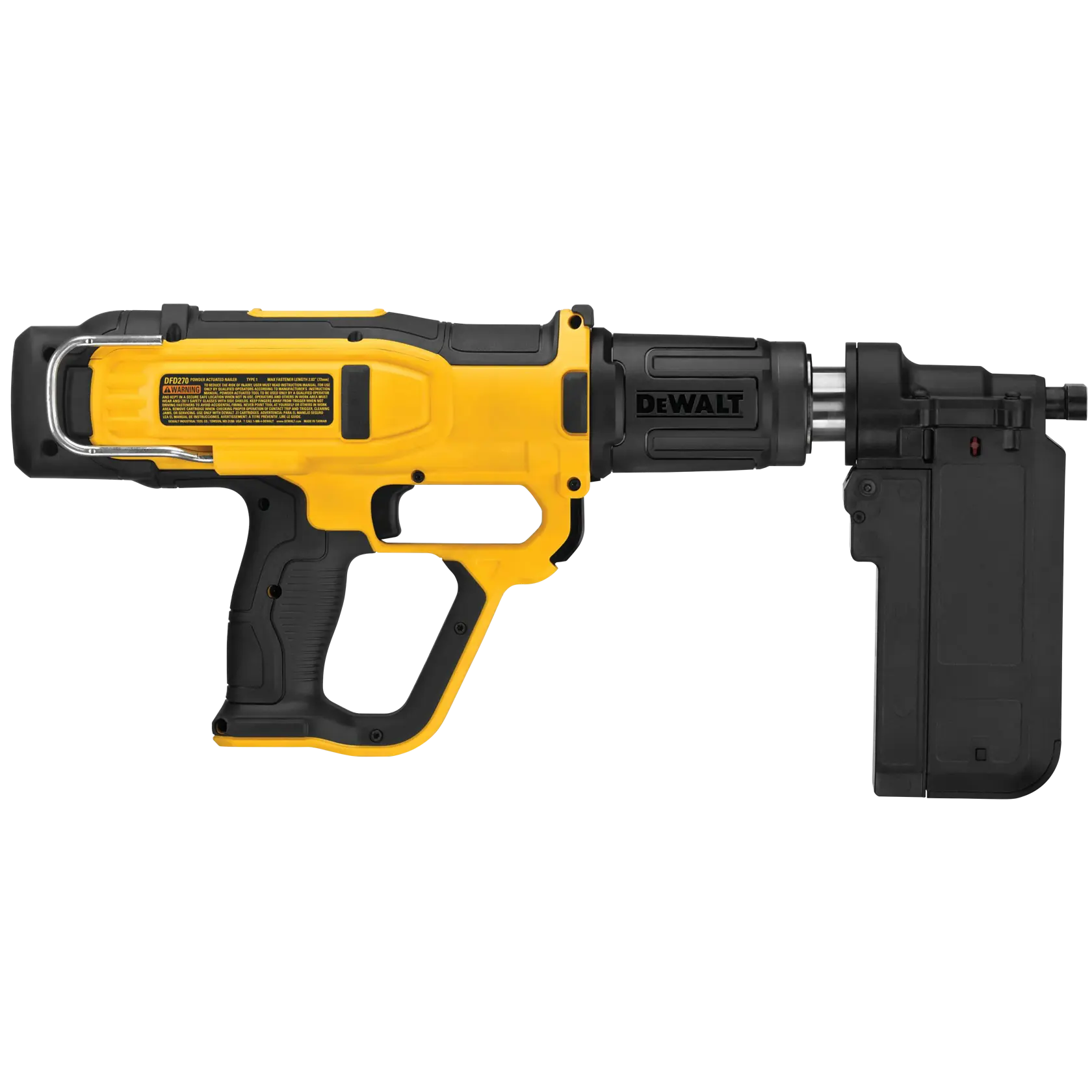 A yellow and black DEWALT powder-actuated tool, model DFD270MK, used for fastening materials to concrete and steel. The tool features a pistol grip and a long, rectangular attachment at the front.
