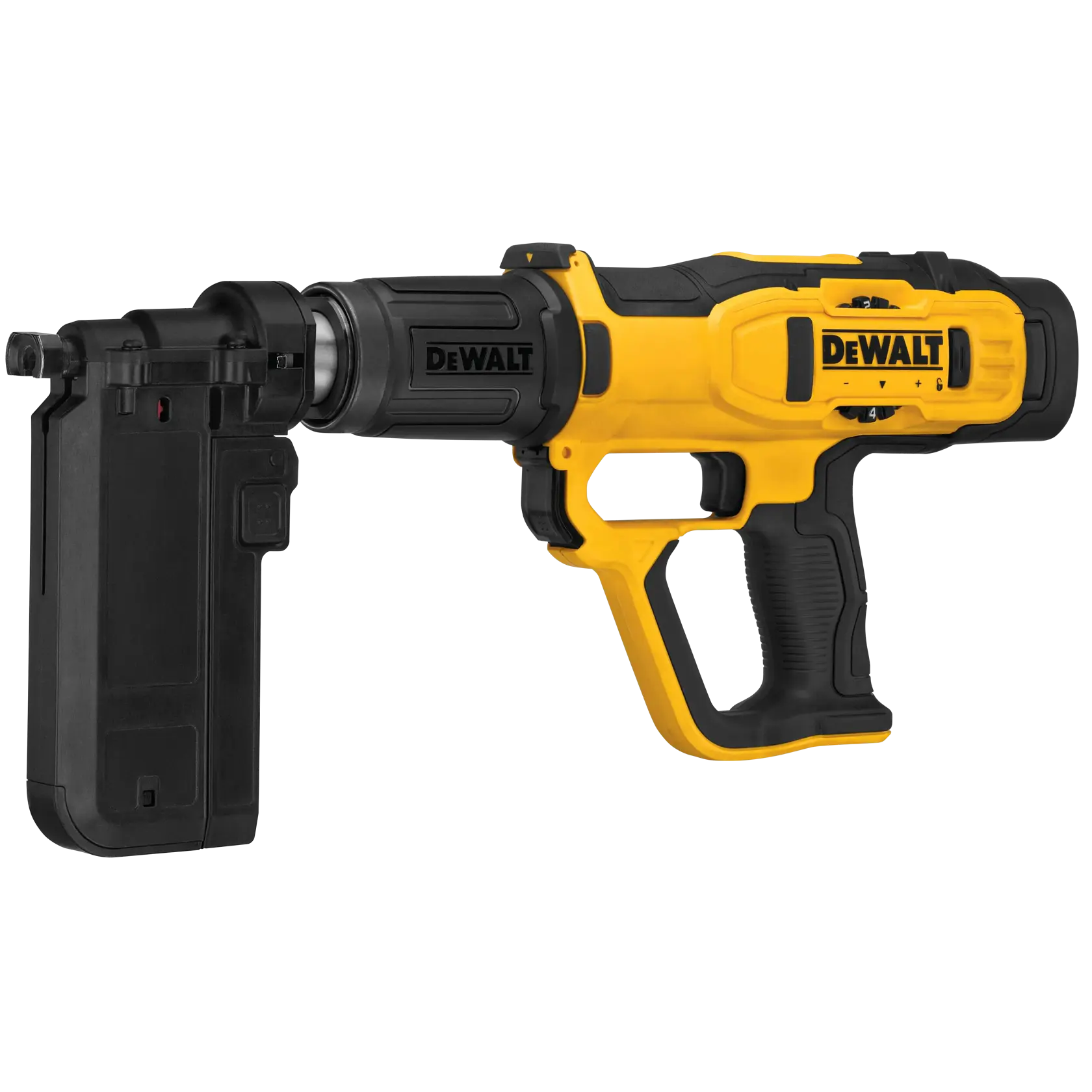 A yellow and black DEWALT powder-actuated tool, model DFD270MK, with a black attachment for fastening applications.