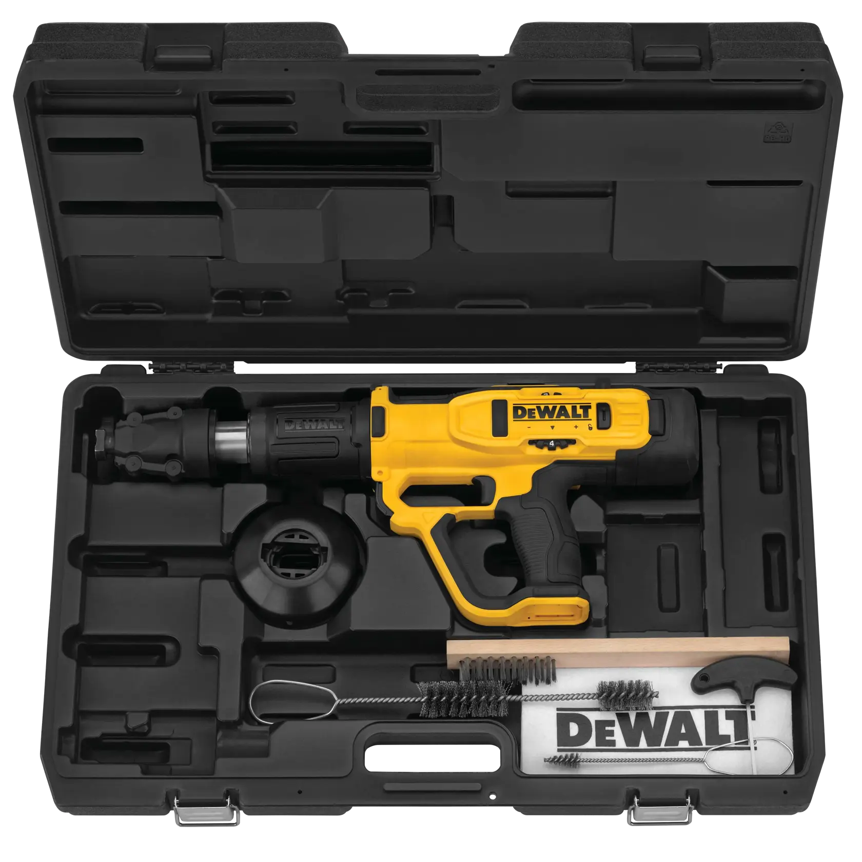 A DEWALT powder-actuated tool kit in a black hard case. The kit includes a yellow and black DEWALT powder-actuated tool, cleaning brushes, a cleaning rod, a hex key, and a white DEWALT-branded cloth. All items are neatly organized in molded compartments inside the case.