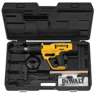 A DEWALT powder-actuated tool kit in a black hard case. The kit includes a yellow and black DEWALT powder-actuated tool, cleaning brushes, a cleaning rod, a hex key, and a white DEWALT-branded cloth. All items are neatly organized in molded compartments inside the case.
