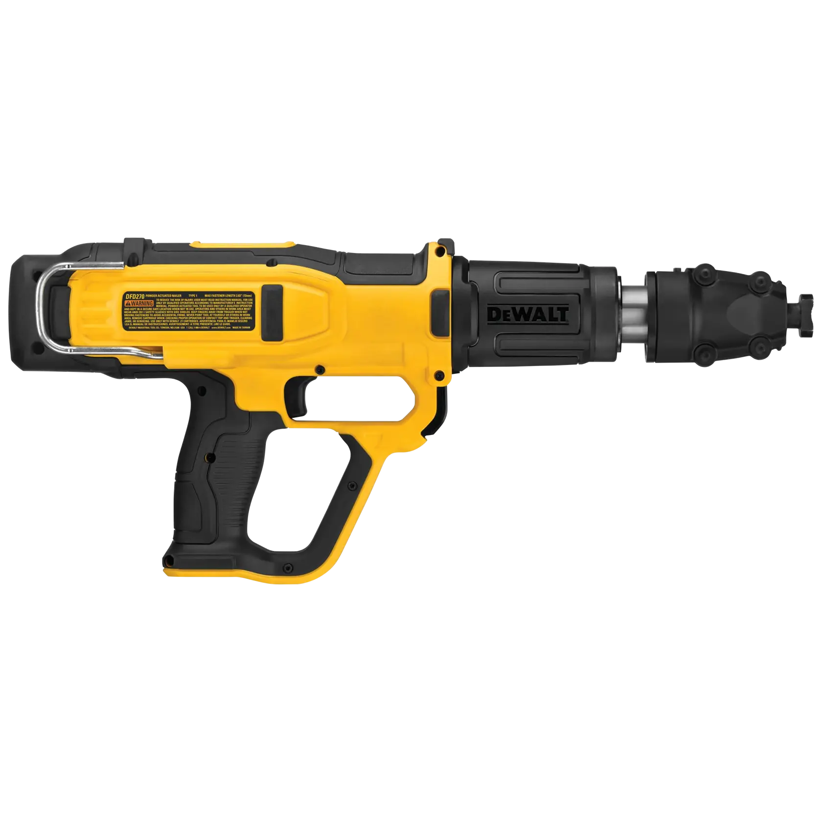 A DEWALT branded yellow and black powder-actuated tool, model DFD270SK, used for fastening materials into concrete and steel.