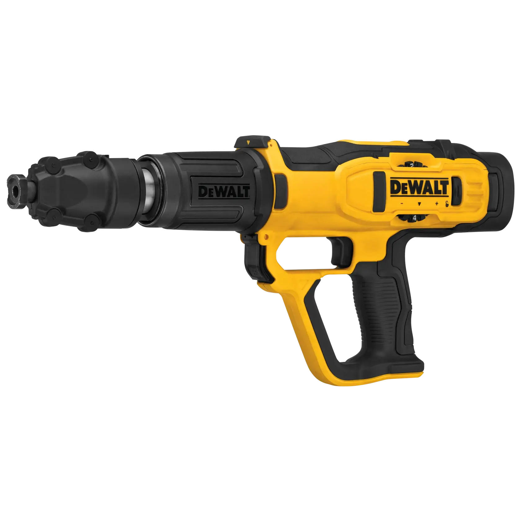 A DEWALT yellow and black powder-actuated tool, designed for fastening applications in construction, with an ergonomic handle and robust build.