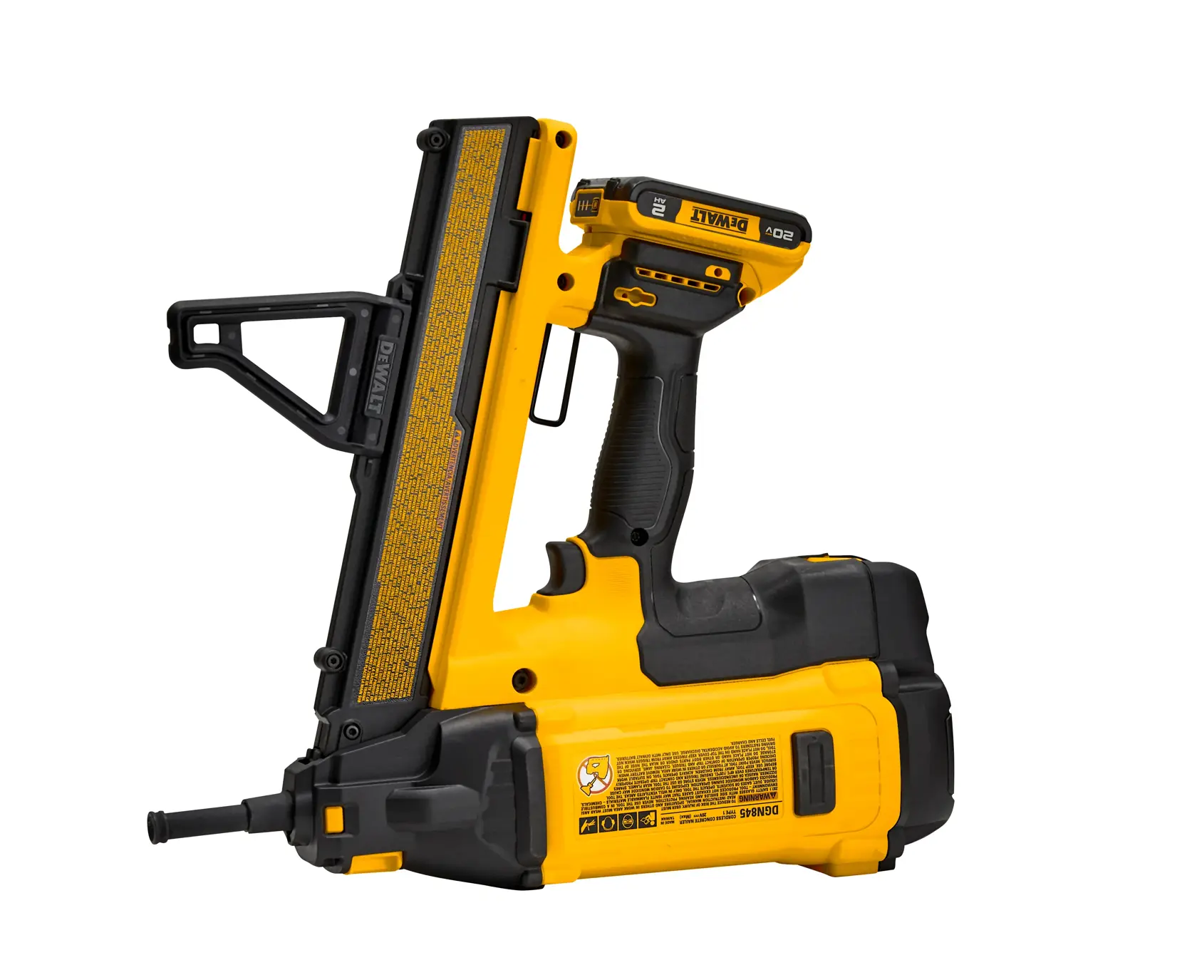 A yellow and black DEWALT cordless nail gun with a battery pack attached, shown against a white background.