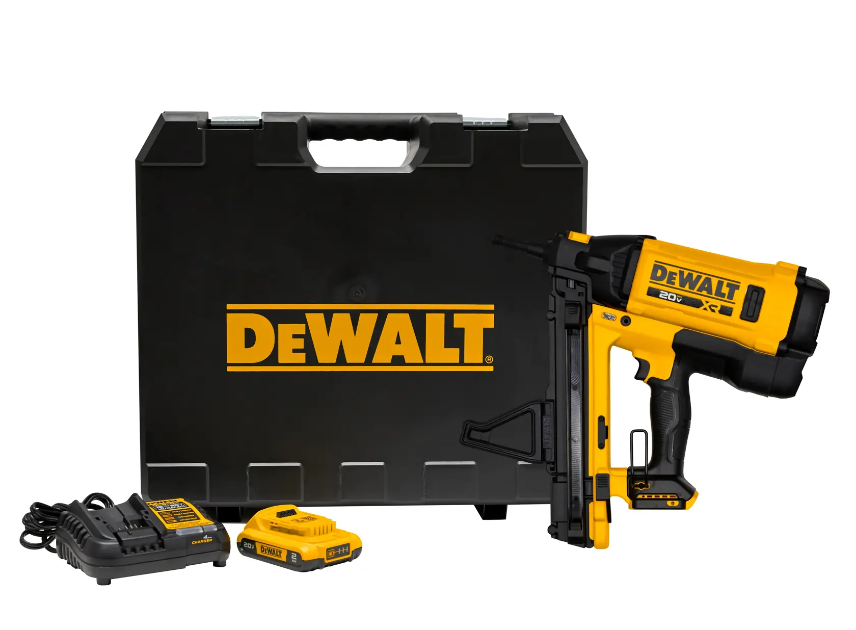 DEWALT nailer set with case, charger, battery. Photography. SKUs: DGN845D1-QW, DGN845D1.