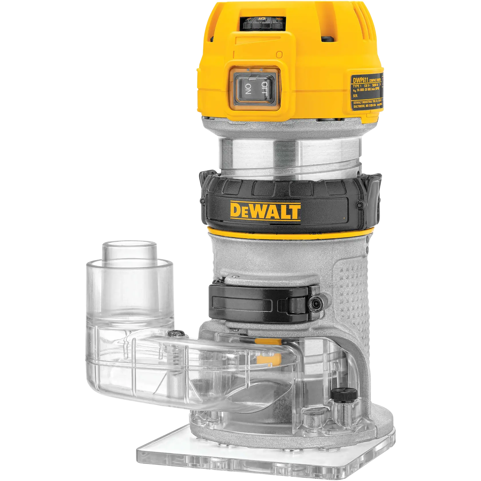 Profile of compact router dust collection adapter for fixed base