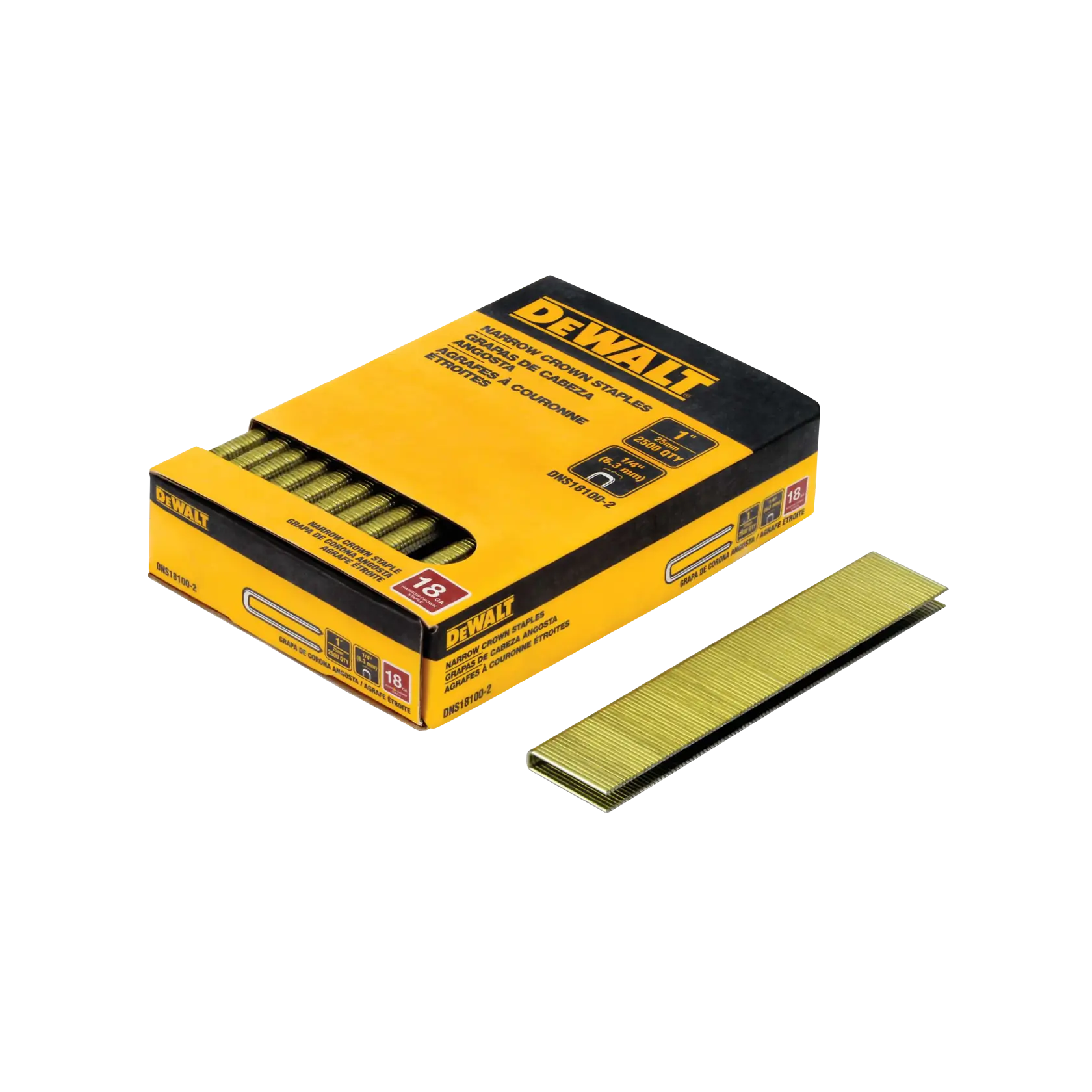 Box of DEWALT narrow crown staples, SKU DNS18100-2, intended for use with staplers. The box is yellow and black, and some staples are shown outside the box.